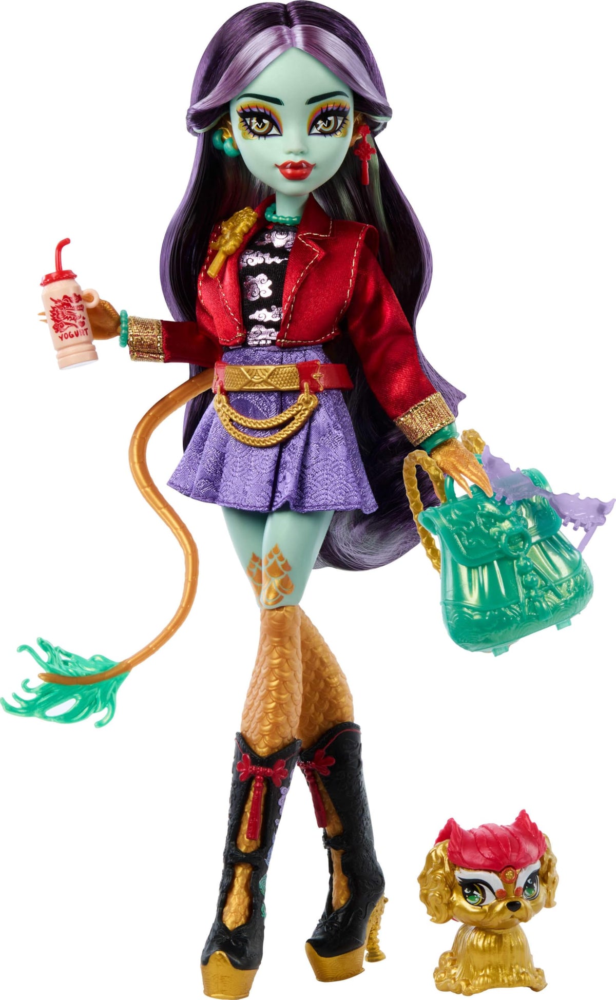 Monster High Jinafire Long Doll, Dragon with Pet Dog Cloudy "Yun Yun" and 7 Accessories Like Sketch Pad, Yogurt Drink, Backpack and More
