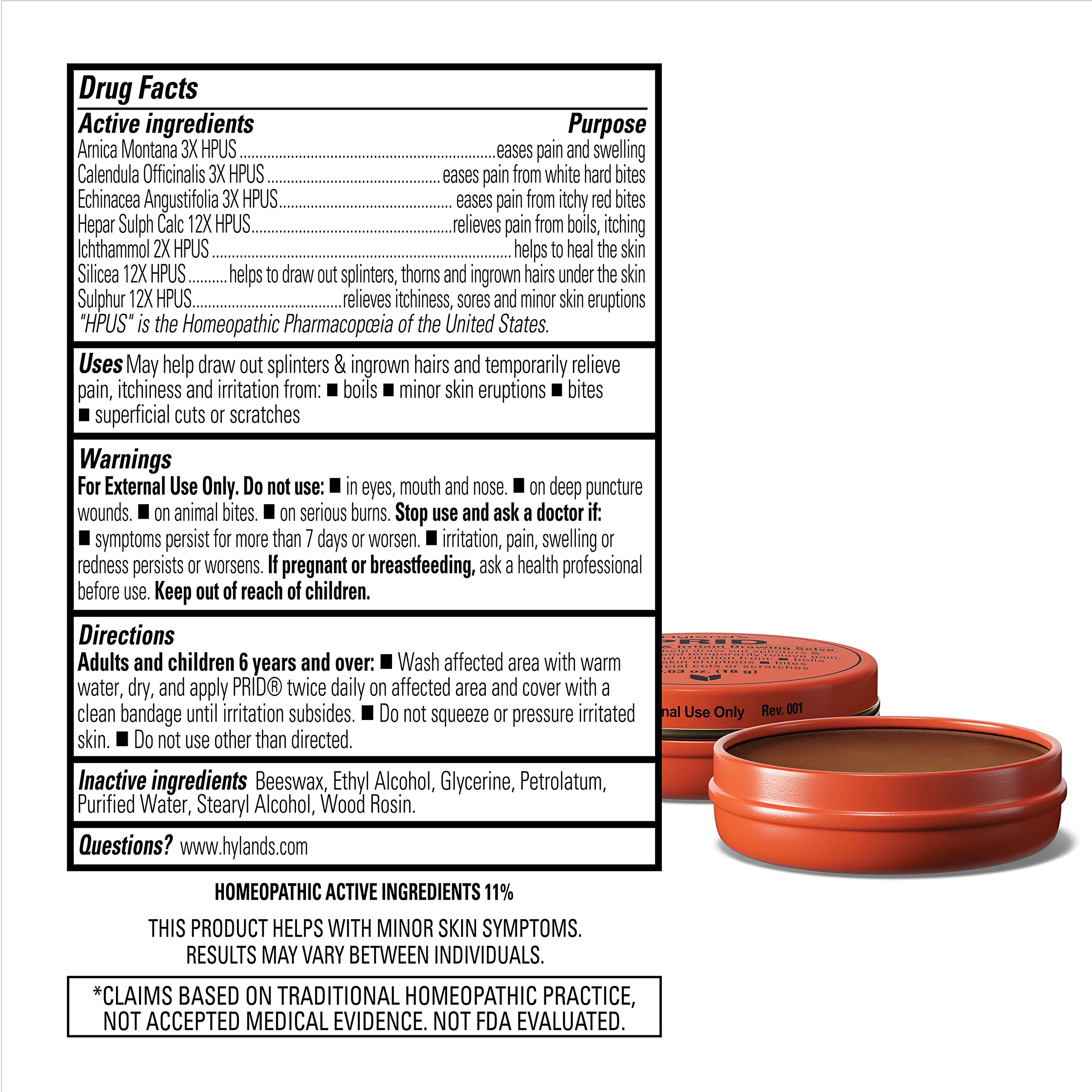 Hyland's PRID Drawing Salve, Topical Skin Irritation Relief, For Splinters, Thorns, Ingrown Hairs, Itch Relief for Bug Bites, Boils, Minor Cuts and Scrapes, 18 Grams