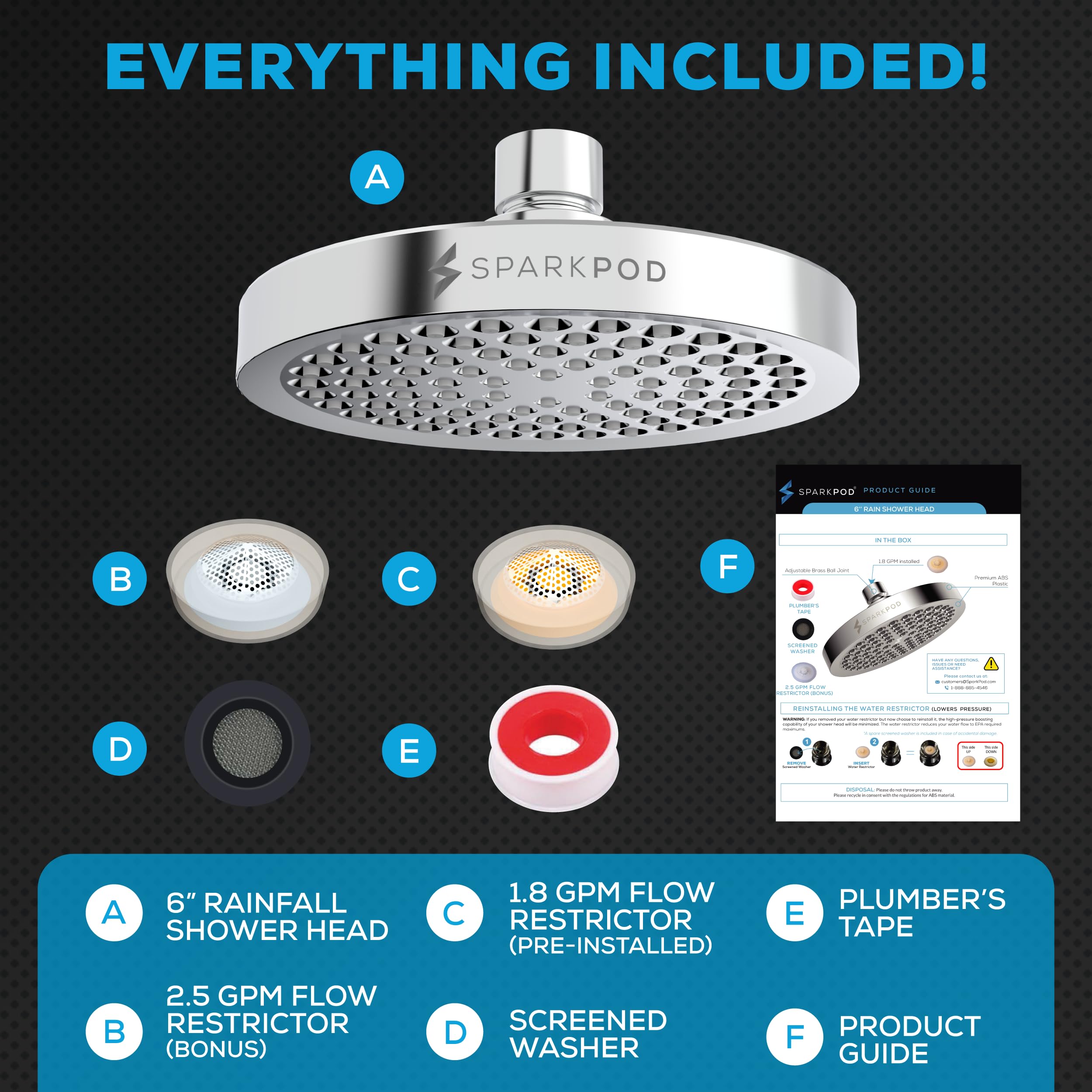 SparkPod Shower Head - High Pressure Rain - Premium Quality Luxury Design - 1-Min Install - Easy Clean Adjustable Replacement for Your Bathroom Shower Heads (Luxury Polished Chrome, 6 Inch Round)
