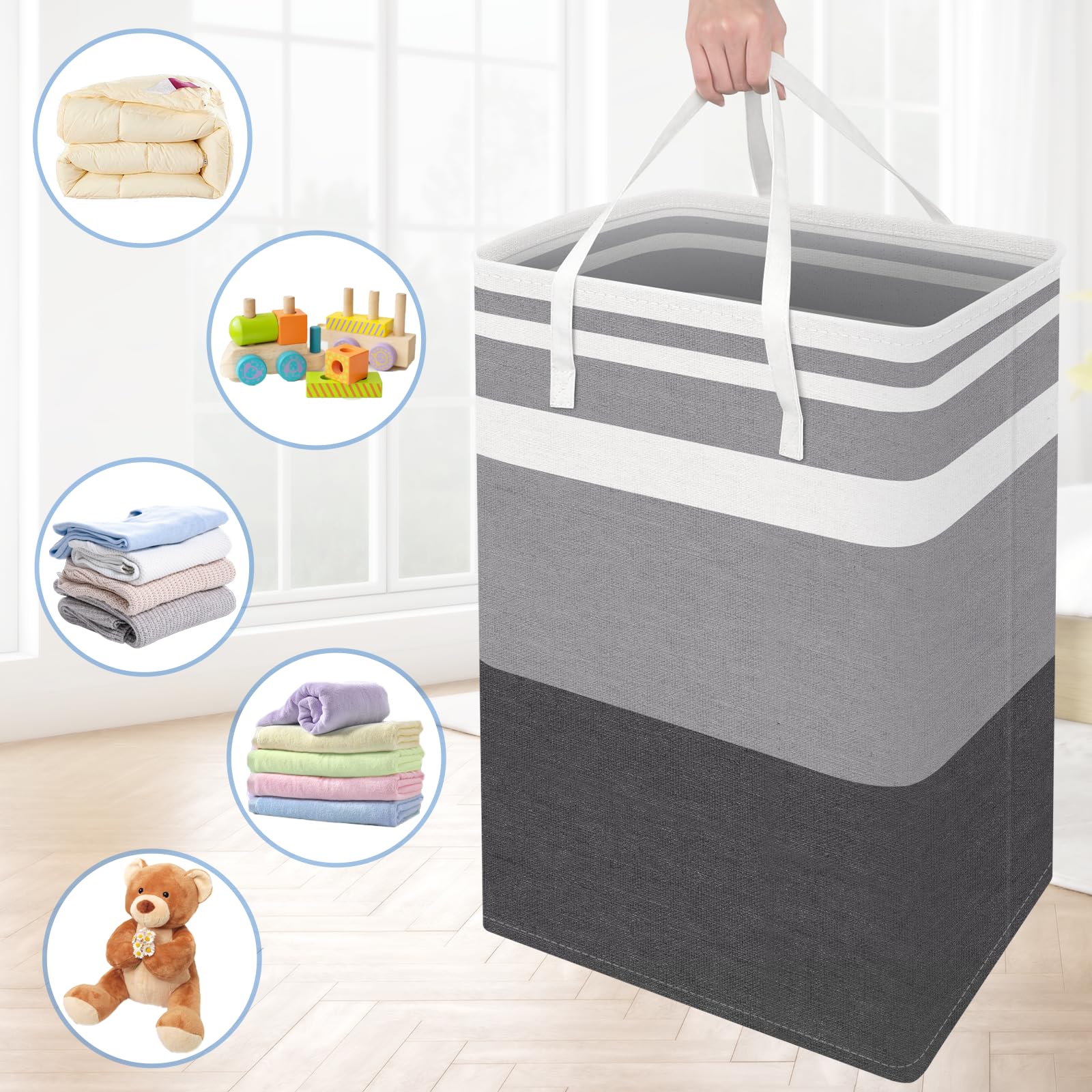 BlissTotes 3-Pack Laundry Basket, Freestanding＆Waterproof Laundry Hamper, Collapsible Tall Clothes Hamper with Easy Carry Handles for Clothes, Towels in the Family and Dorm,Gradient Grey,75L