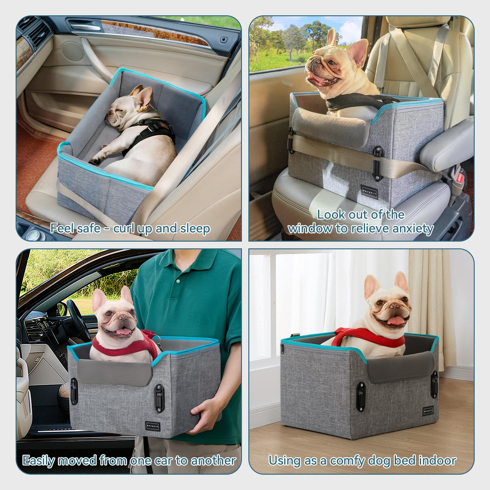 PETSFIT Dog Car Seats for Small Dogs, Patent Safety Buckles Dog Booster Car Seat, Dog Carseat with Safety Belt, Suitable for Small Pets Up to 25lbs (Grey)