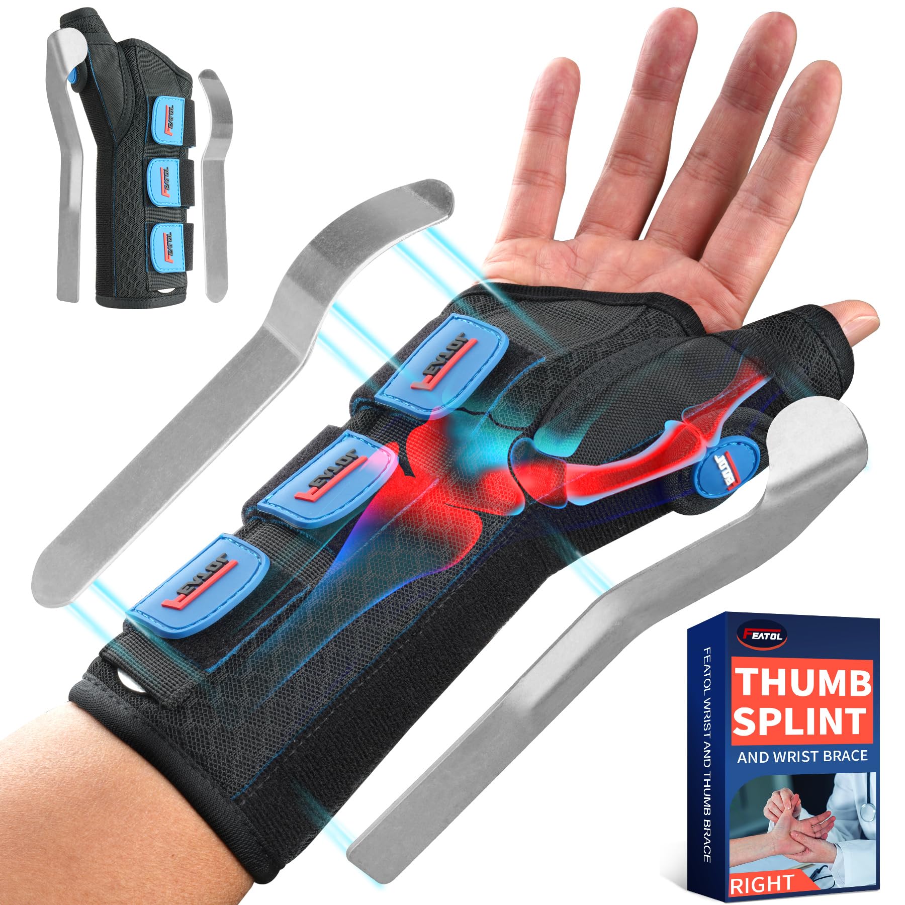 FEATOL Handgelenkbandage Karpaltunnel Nachtschiene, Daumenschiene rechte Hand für De-Quervain-Tenosynovitis, Sehnenscheidenentzündung, Handgelenkbandage mit Daumenunterstützung – Klein/Mittel – Damen & Herren, Schwarz