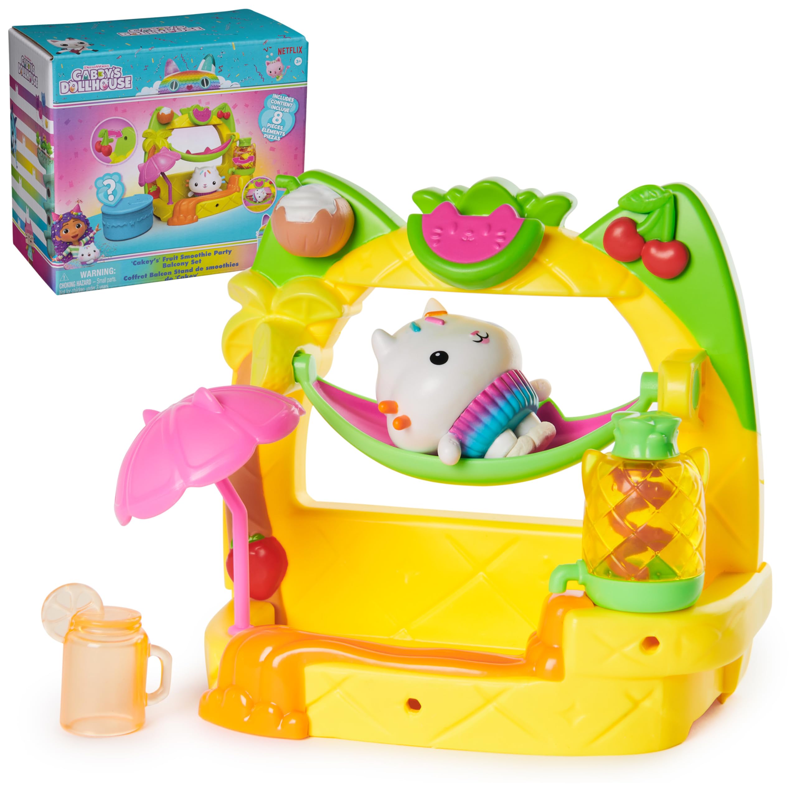 Gabbys Dollhouse, Cakeys Obst-Smoothie Balkon Spielset, 8 Teile mit Spielfiguren, Puppenhaus Zubehör & sensorischem Spielzeug, Kinderspielzeug für Mädchen & Jungen ab 3 Jahren