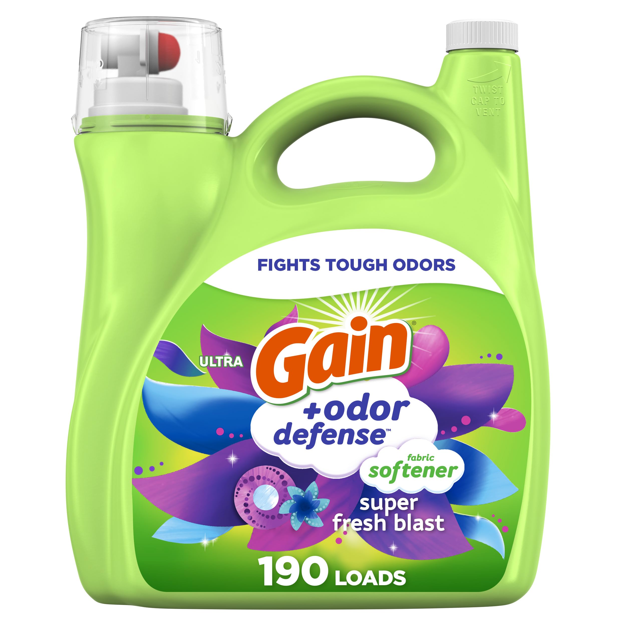 Gain + Odor Defense Flüssig-Weichspüler, Super Fresh Blast Duft, 4,14 L 190 Waschladungen, HE-kompatibel