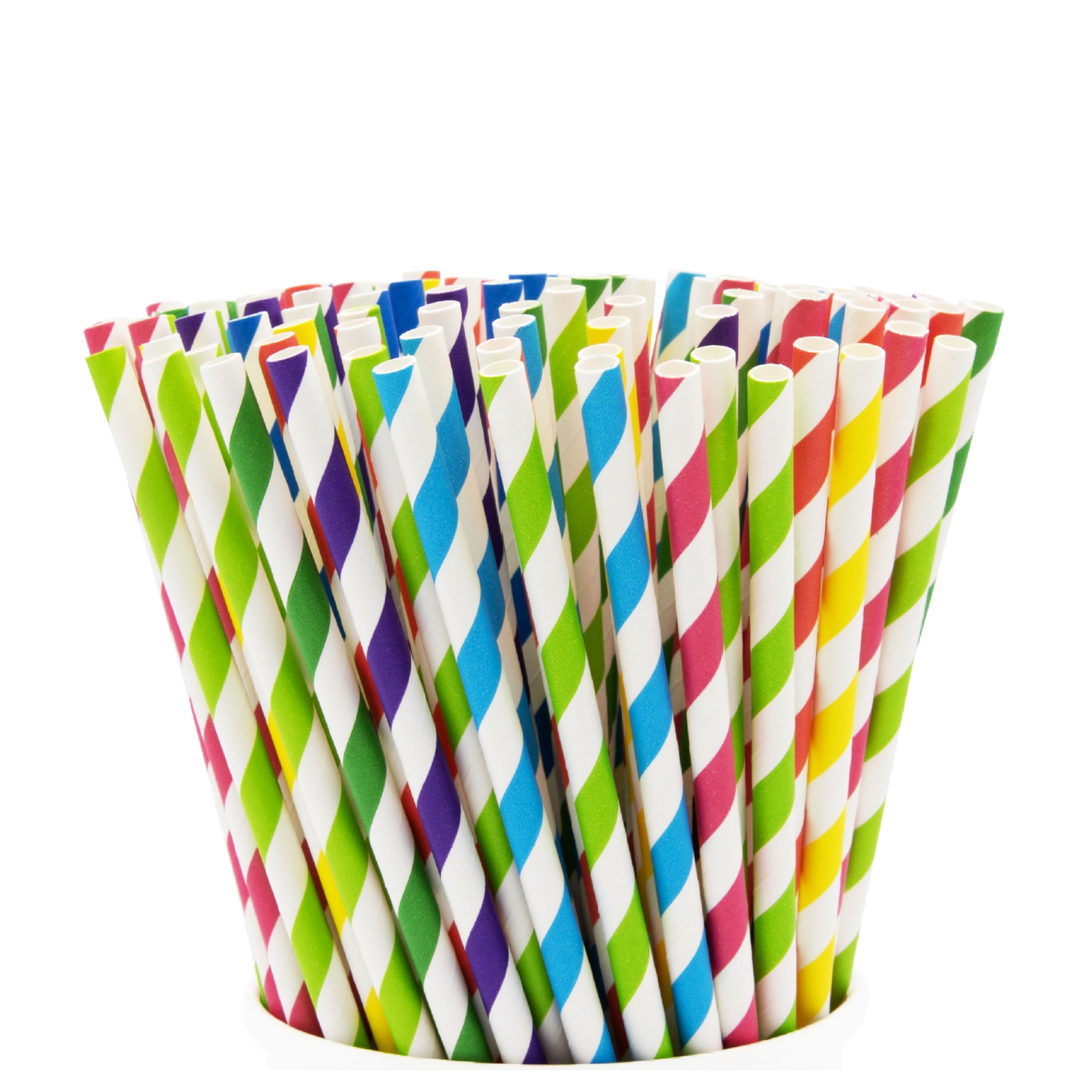 GUSTO [200 Pack] Striped Paper Drinking Straws - Sturdy & Non-Soggy - 100% Biodegradable, Food-Safe Ink, and Multi-Layered for Long-Lasting Use - Vibrant Assorted Colors (Formerly Comfy Package)