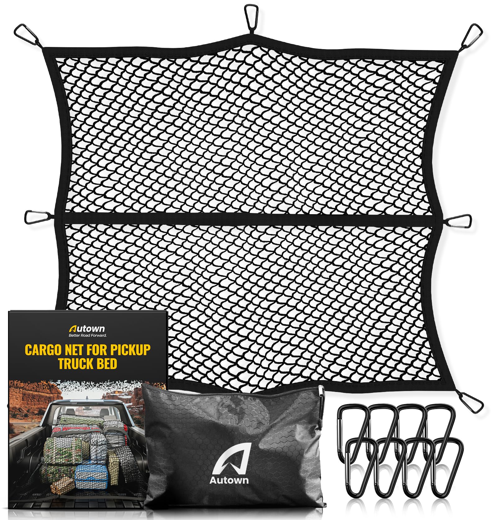 AUTOWN Cargo Net for Pickup Truck Bed - Stretchable 4'x4' to 7'x7', High Elastic Fine Mesh 1''x1'' with 8 Metal Carabiners - Ideal for ATV, SUV, UTV, Truck and Boat Use (Single Layer)