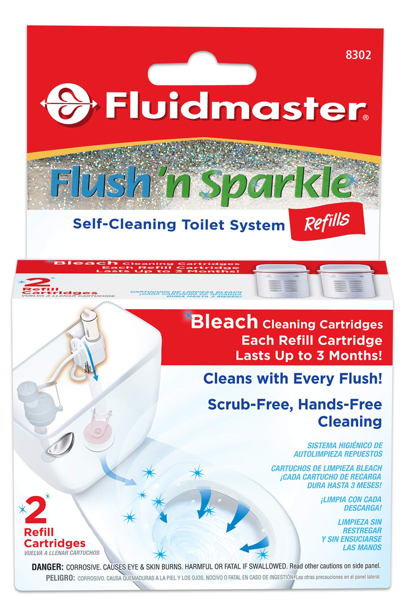 Fluidmaster 8302P8 Flush 'n Sparkle Automatisches Toilettenschüssel-Reinigungssystem, Bleichmittel-Ersatzkartuschen, 2er-Pack