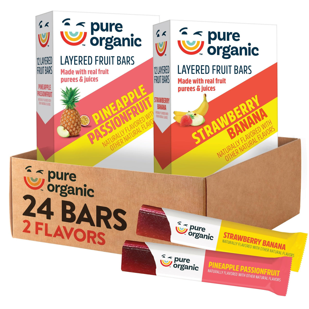 Pure Organic Fruchtschnitten, glutenfrei, vegane Fruchtsnacks, Probierpackung, 354 g Schachtel (24 Riegel)