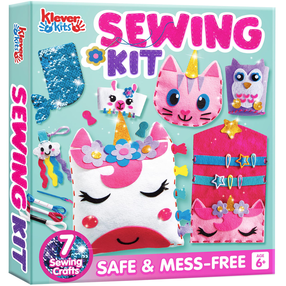Klever Kits 7 مشاريع خياطة - أول مجموعة خياطة للأطفال - أعمال فنية وحرفية سهلة تصنعها بنفسك للفتيات، مجموعات حرفية، هدايا عيد ميلاد للأطفال بعمر 6 سنوات فما فوق، وسادة يونيكورن وحورية البحر