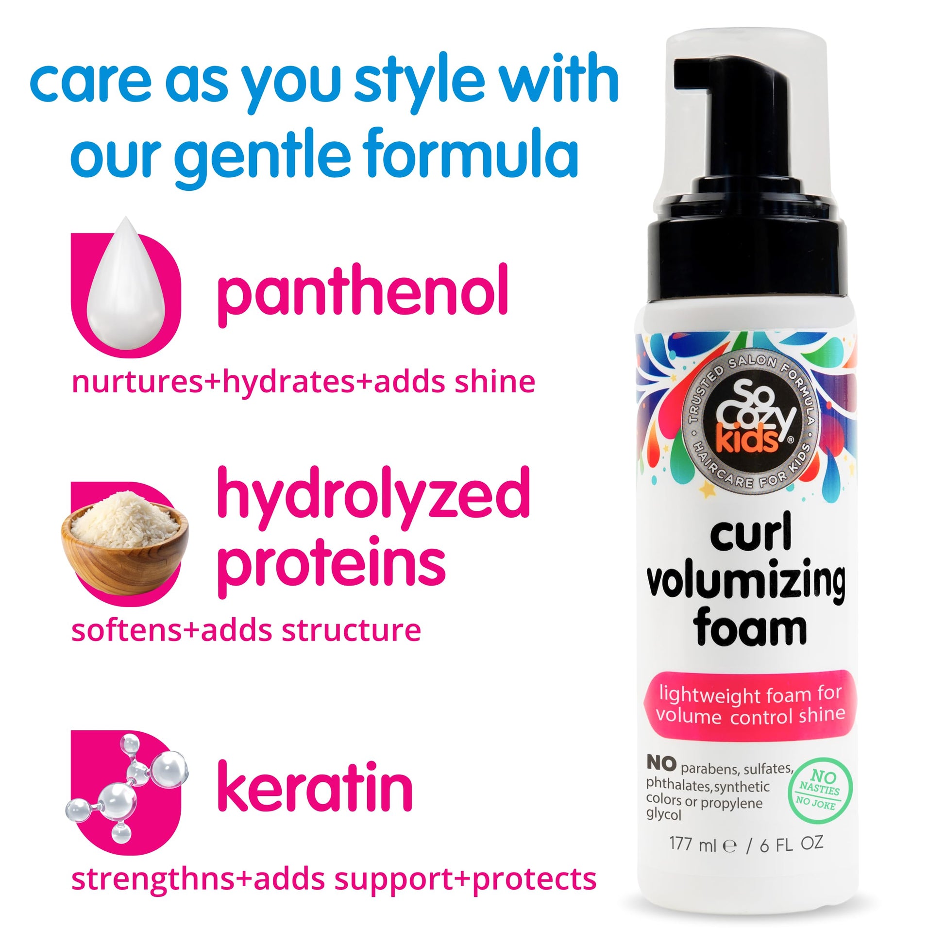 SoCozy Hair Mousse for Kids, Curl Volumizing Foam Mousse for Curly Hair (6 Fl Oz) Enhances Shine & Volume, Gentle Formula with Panthenol, Hydrolyzed Proteins & Keratin, Paraben & Sulfate-Free