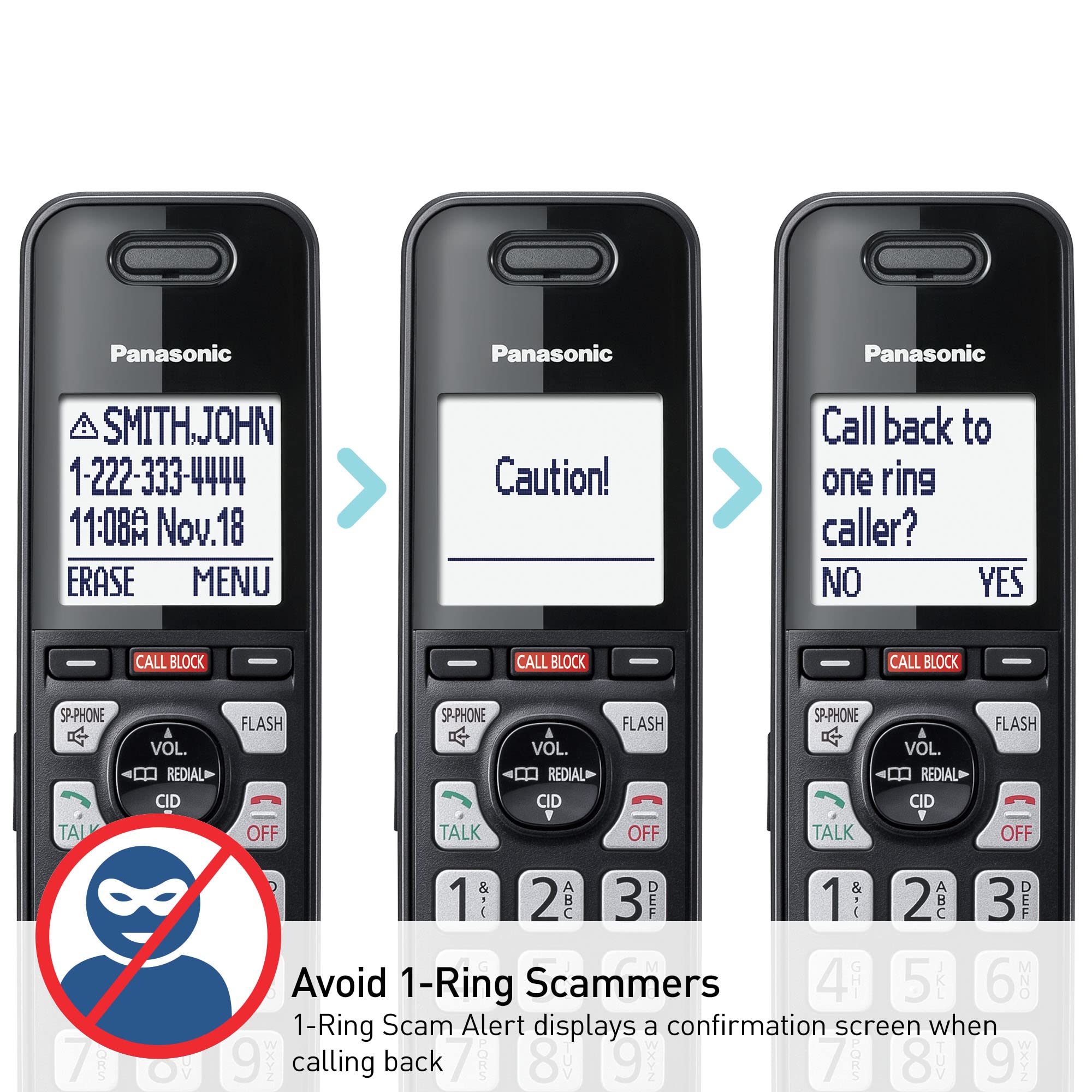 Panasonic Cordless Phone with Advanced Call Block, One-Ring Scam Alert, and 2-Way Recording with Answering Machine, 4 Handsets - KX-TGF944B (Black)