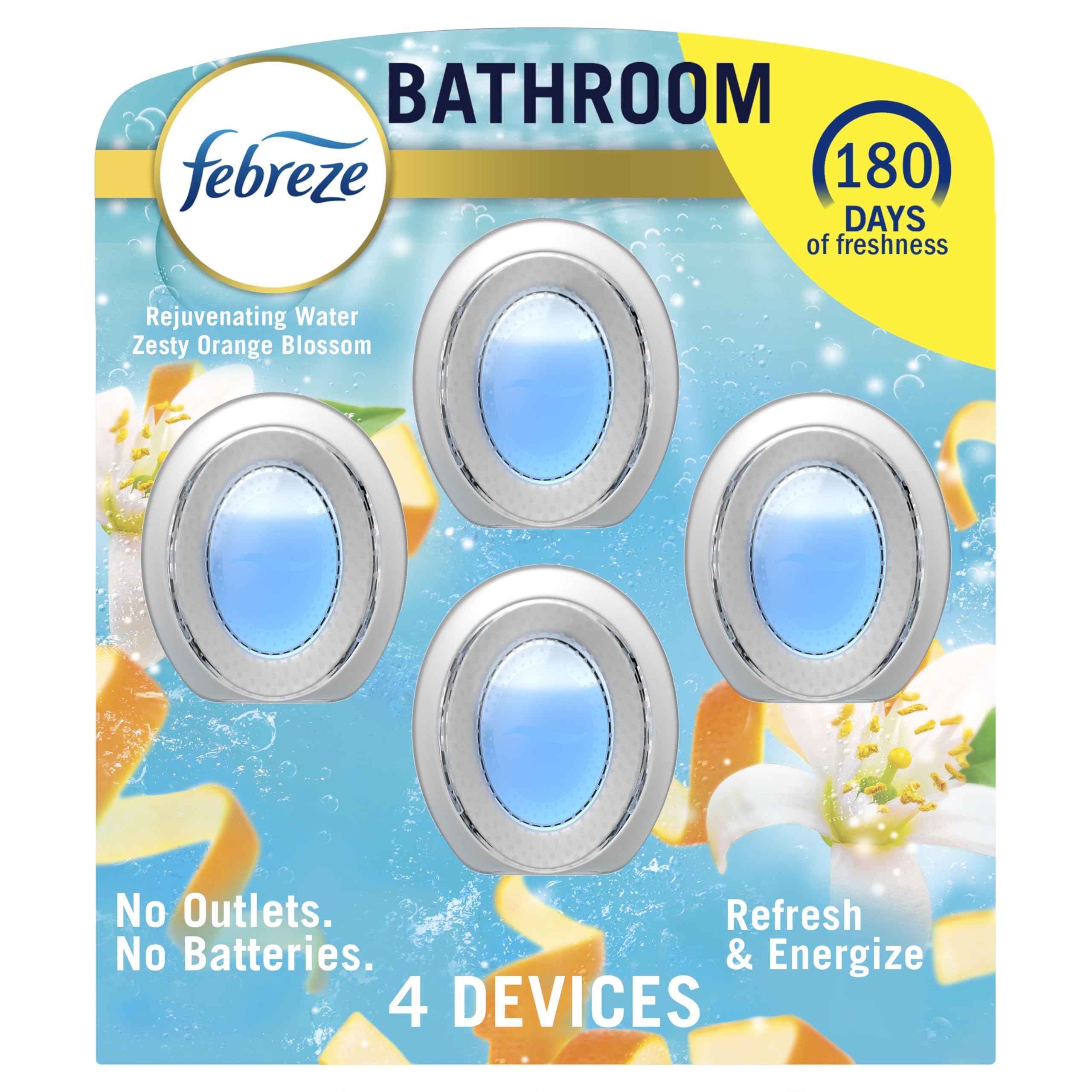 Febreze Bad-Lufterfrischer, Geruchskämpfend, Alternative zum Einstecken, Lufterfrischer für Zuhause und Bad und Küche, Schrank-Lufterfrischer, Duft „Erfrischen & Beleben“, 4 Stück