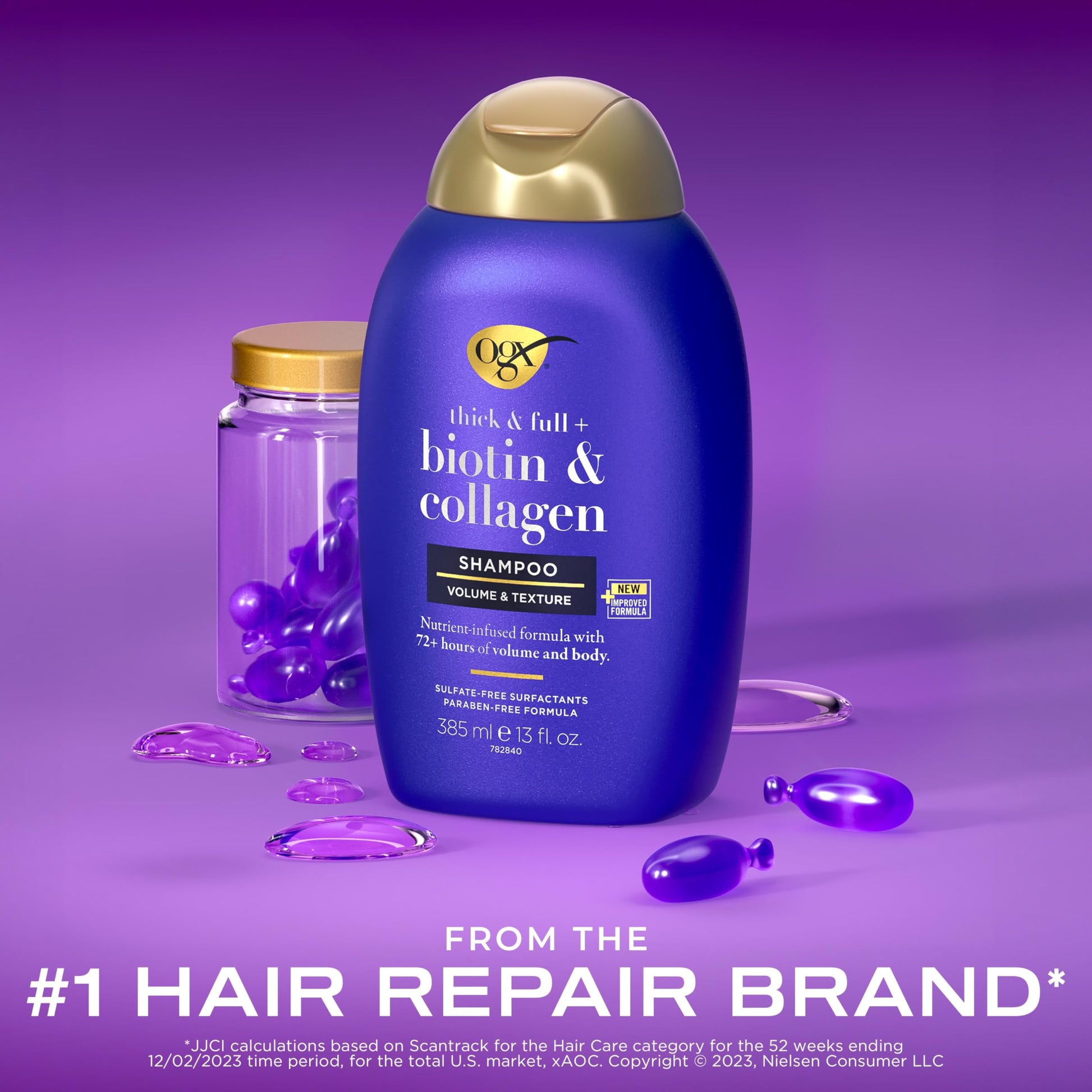 OGX Thick & Full + Biotin & Collagen Volumizing Shampoo, Nutrient-Infused Hair Shampoo with Vitamin B7 Biotin Gives Hair Volume & Body for 72+ Hours, Sulfate-Free Surfactants, 13 fl. oz