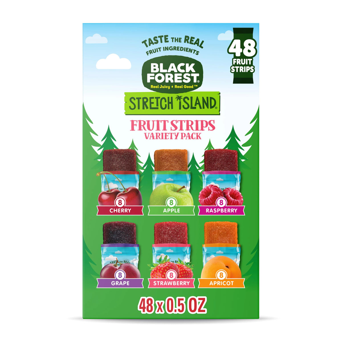 Black Forest, Stretch Island, Fruchtstreifen, Kirsche, Apfel, Himbeere, Traube, Erdbeere und Aprikose, null Gramm Zuckerzusatz, gentechnikfrei, 48 Stück