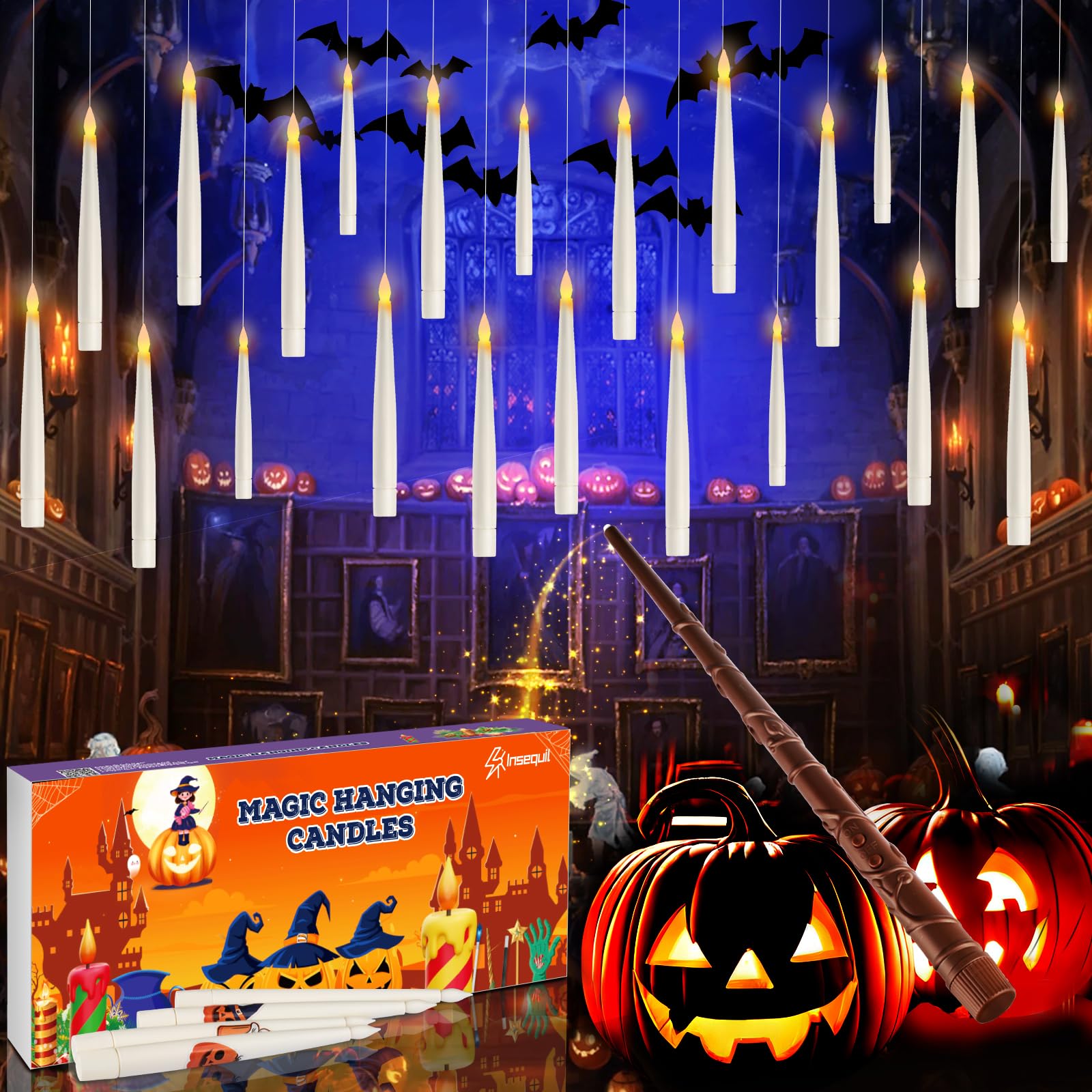 Schwebende Kerzen mit Zauberstab-Fernbedienung, 20 Stück magische Halloween-Hängekerzen, flackerndes warmes Licht, flammenlose LED-Kerzen mit DIY-Aufkleber, batteriebetrieben, Halloween-Deko-Geschenke für drinnen (20)