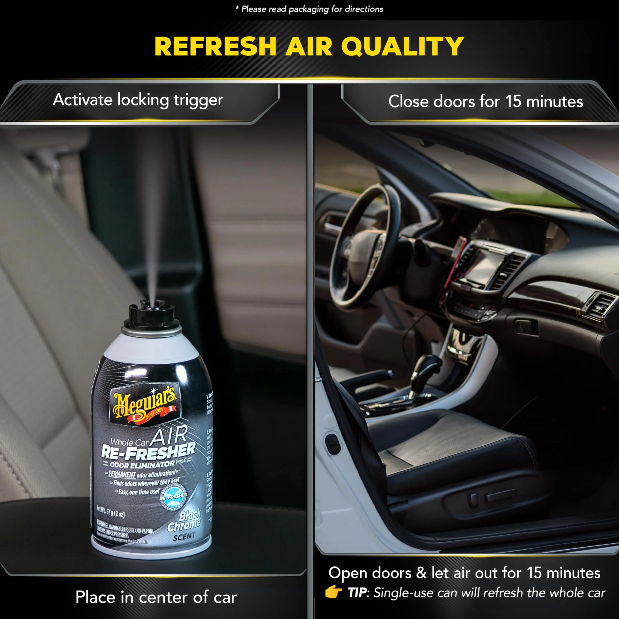Meguiar's Whole Car Air Refresher, Car Odor Eliminator Spray Permanently Eliminates Unwanted Vehicle Odors Throughout Your Interior, Black Chrome Scent, 2 Oz Aerosol Canister
