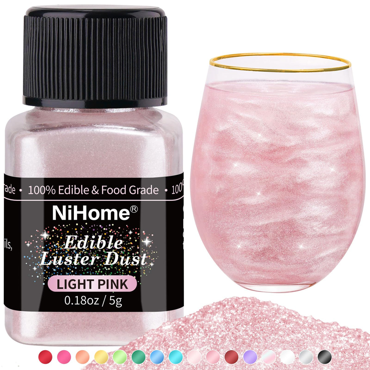 NiHome essbares, lebensmittelechtes Glimmerpulver, Glitter, Glanzstaub, metallischer Lebensmittel-Dekorstreuer, schimmernder Staub für Getränke, Wein, Kuchen, Süßigkeiten, Dessert, Bäckerei, Restaurant, vegan (5 g, Hellrosa)