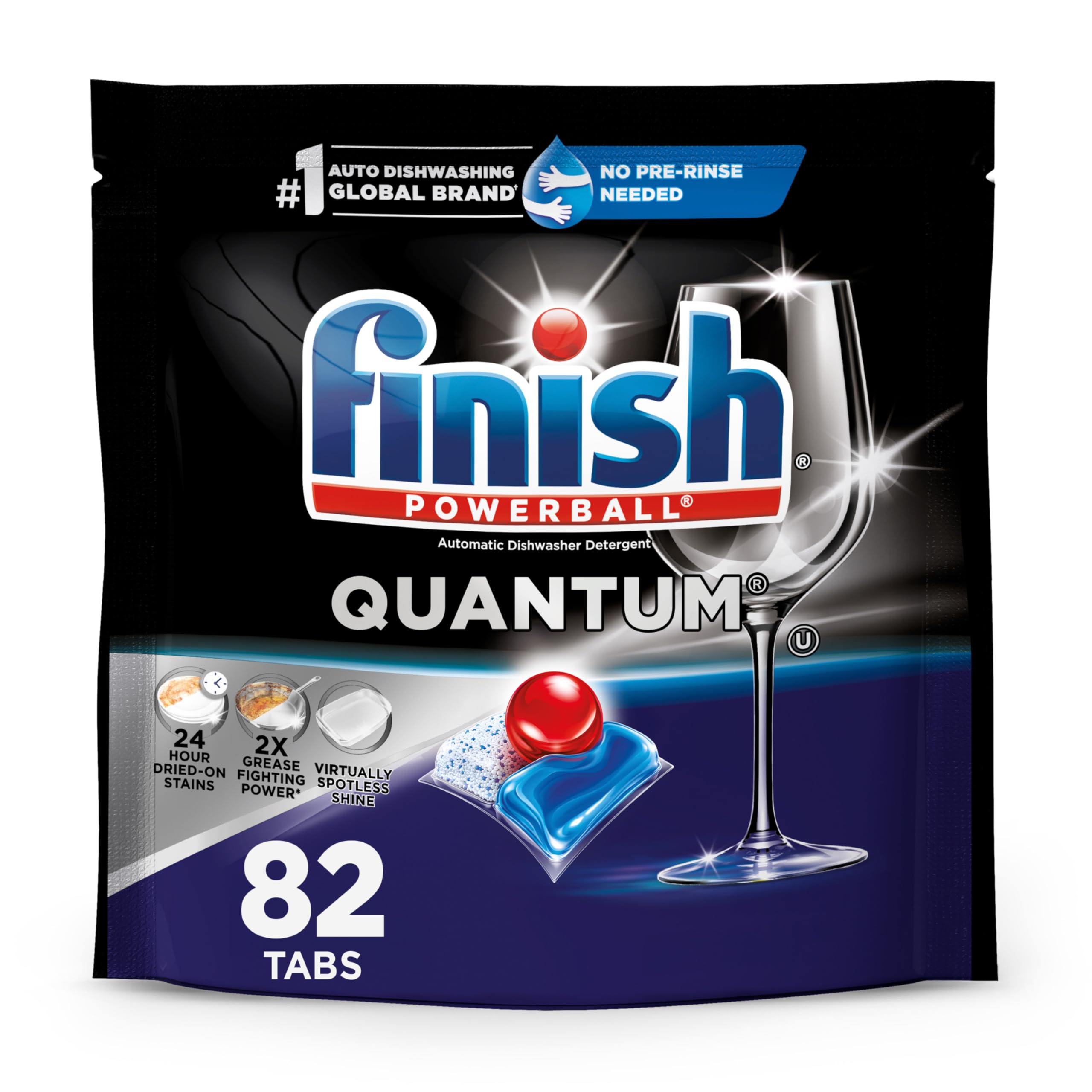 Finish Quantum Spülmaschinen-Tabs, kein Vorspülen nötig, Spülmittel entfernt 24 Stunden eingetrocknete Flecken und Fett, hinterlässt einen nahezu makellosen Glanz, 82 Stück