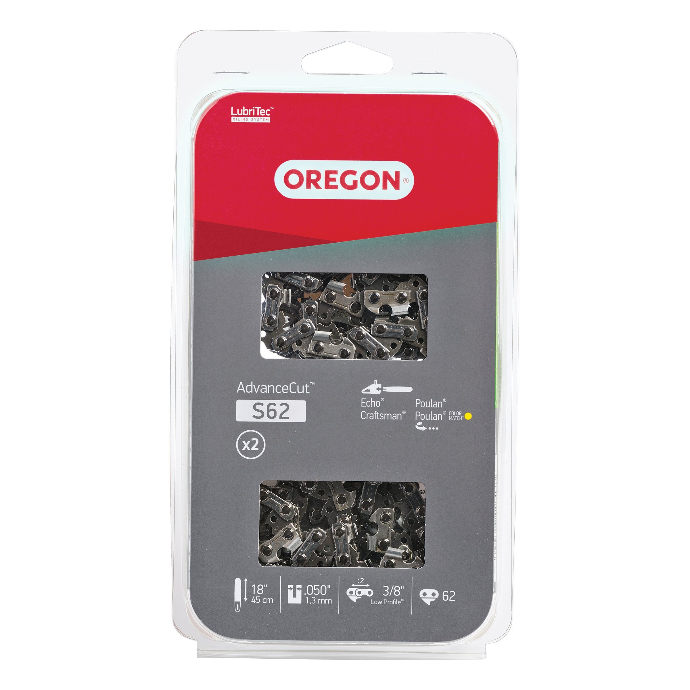 Oregon S62T AdvanceCut Chainsaw Chains 2-Pack, for 18-Inch Bar, 62 Drive Links, 2x Replacement Chainsaw Blades, .050 Inch Gauge, 3/8 Inch Pitch, Fits Craftsman, Atlas, Homelite, Ryobi, Ego & More