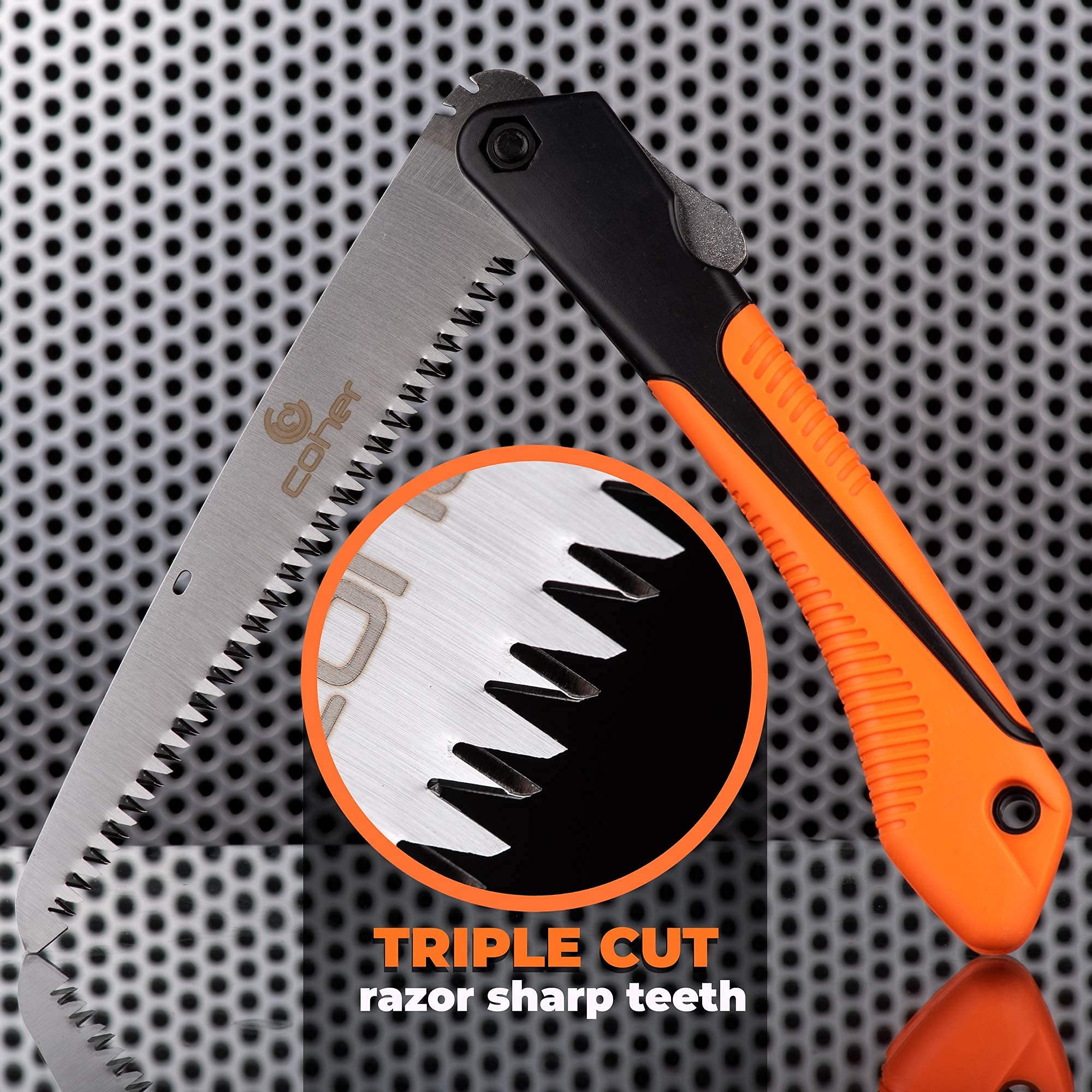 coher Folding Hand Saw for Tree Pruning, Camping, Gardening, Hunting. Cutting Wood, PVC, Bone with Ergonomic Handle Design