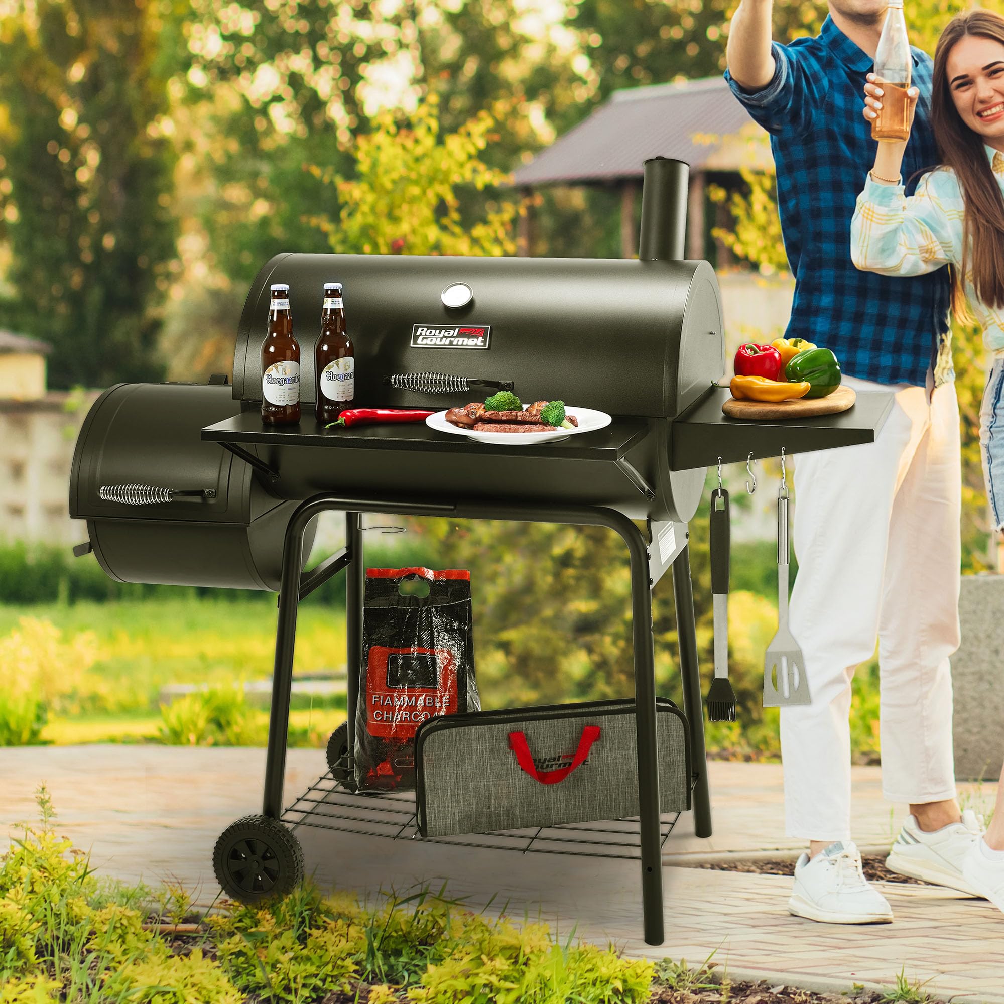 Royal Gourmet CC1830S 30" BBQ Charcoal Grill and Offset Smoker | 811 Square Inch cooking surface, Outdoor for Camping | Black
