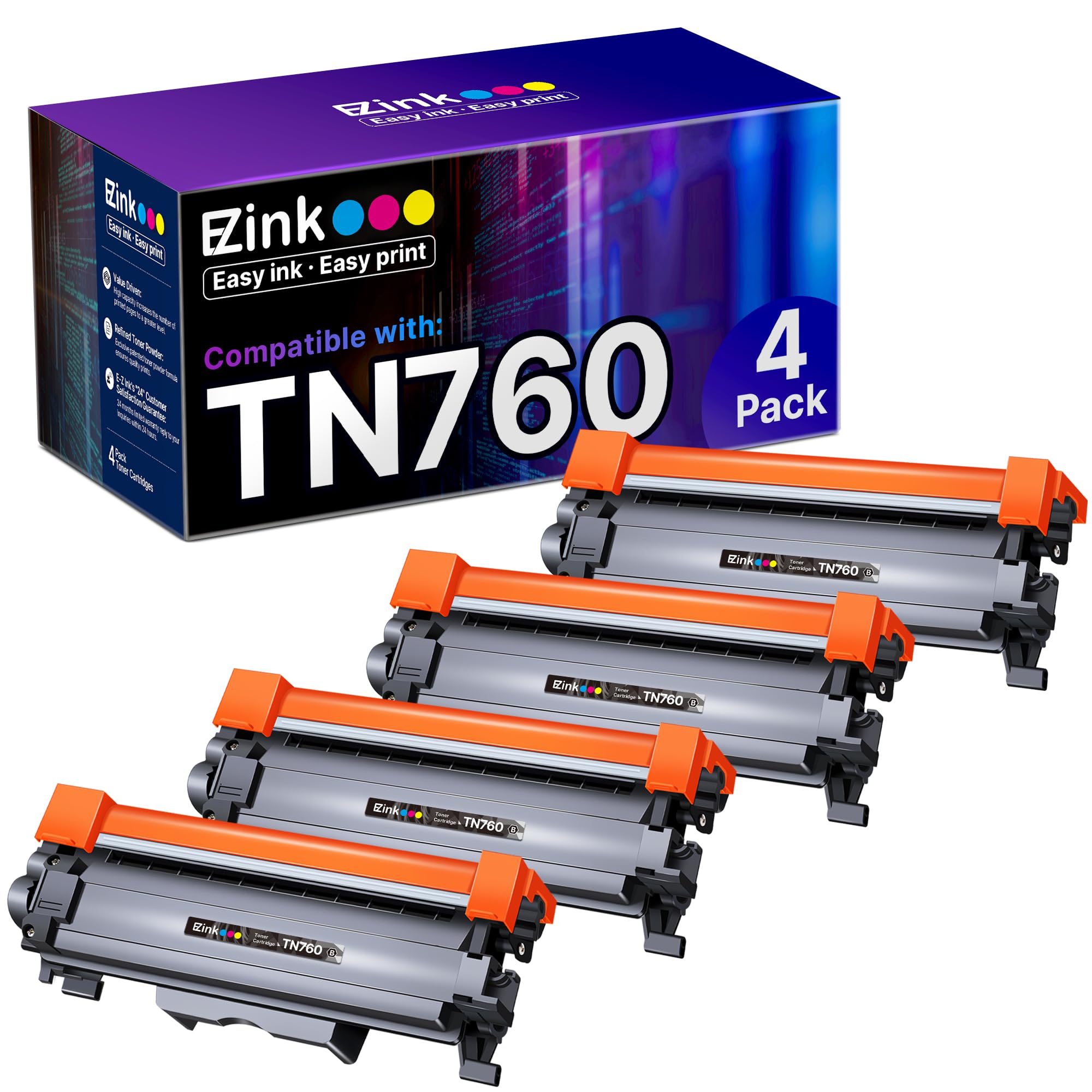 E-Z Ink خراطيش حبر TN760 متوافقة كبديل لأحبار Brother TN-760 TN730 TN-730 للاستخدام مع HL-L2350DW HL-L2395DW HL-L2390DW HL-L2370DW MFC-L2750DW MFC-L2710DW DCP-L2550DW (أسود، 4 عبوات)