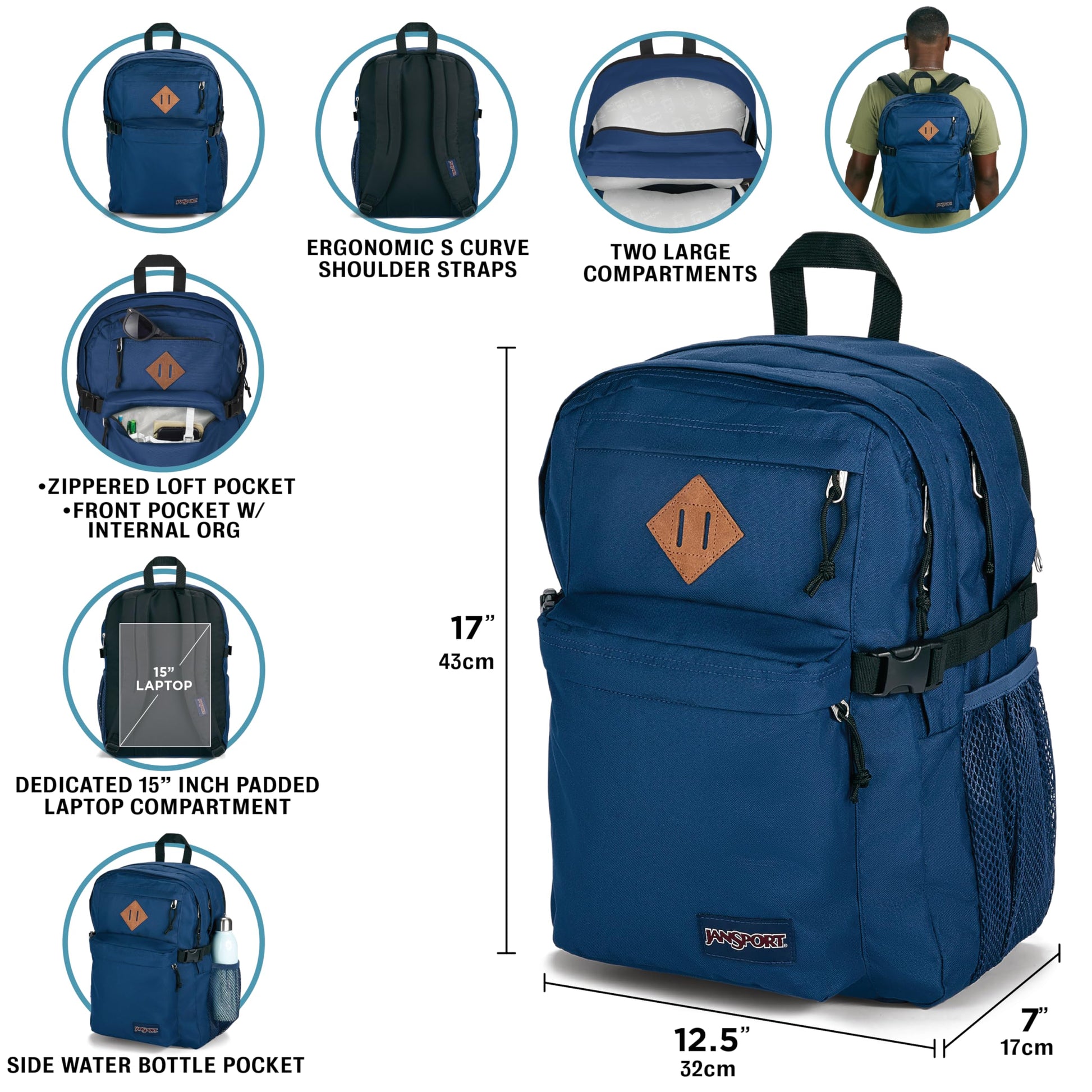 JanSport Main Campus Backpack - Travel or Work backpack w 15-Inch Laptop Sleeve and Dual Water Bottle Pockets, Black
