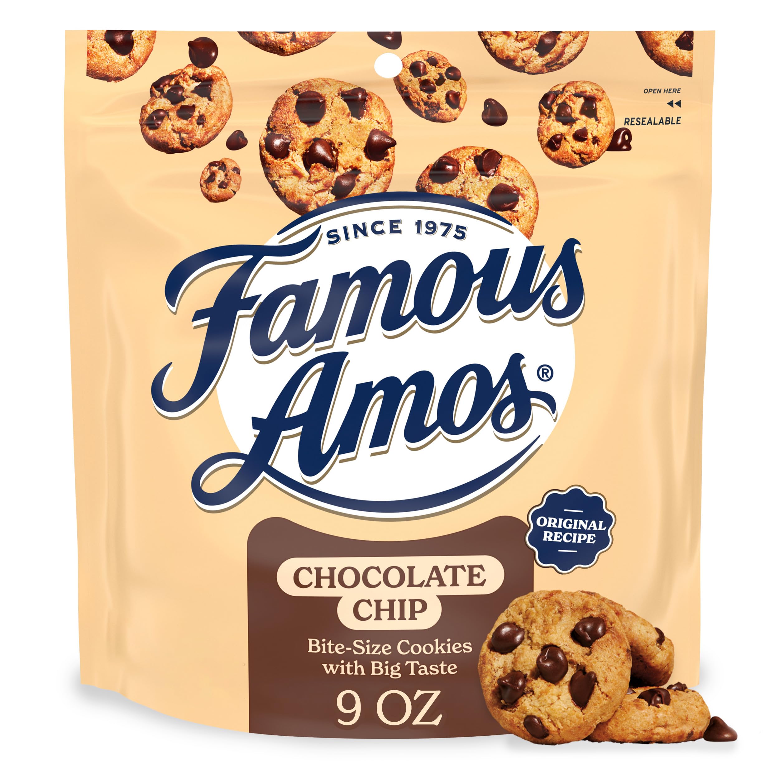 Famous Amos Chocolate Chip Cookies, Originalrezept mundgerechte Kekse mit halb süßen Schokoladenstückchen, 255 g