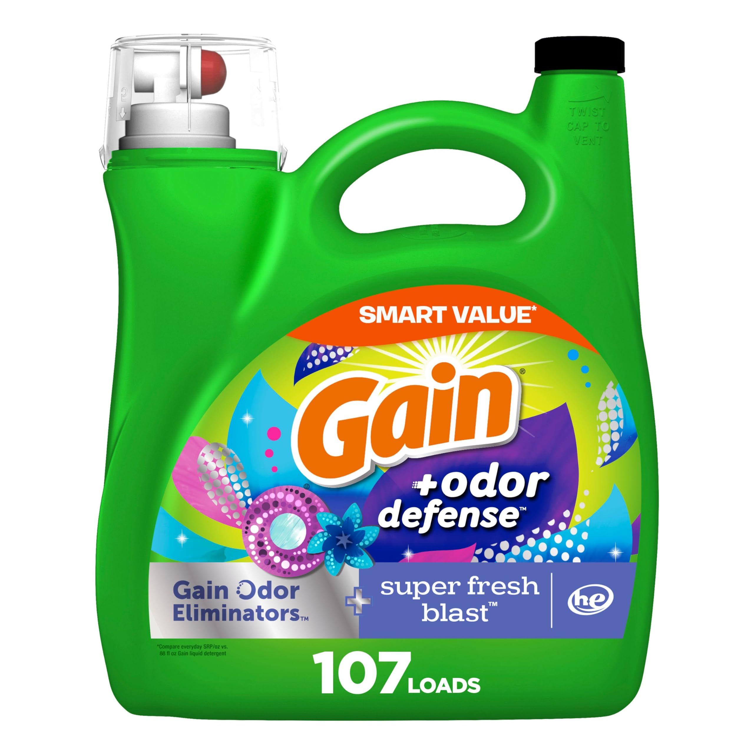 Gain + Odor Defense Flüssigwaschmittel Super Fresh Blast Duft, HE Kompatibel, 107 Waschladungen 4,55 L, Gain Waschmittel, Flüssigwaschmittel