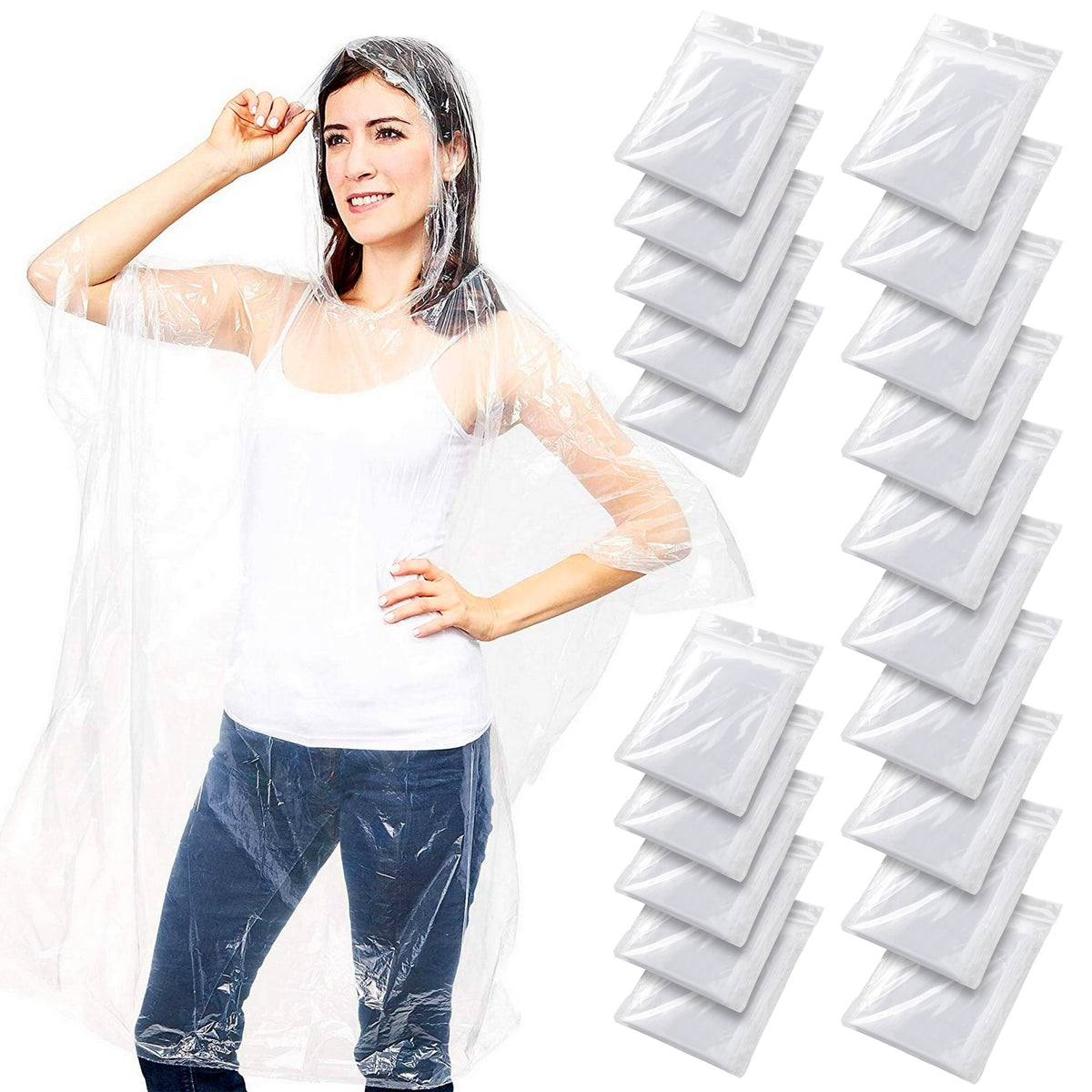 Juvale Disposable Rain Ponchos for Adults - 20-Pack, One Size, Clear Hooded - Plastic Ponchos Bulk & Emergency Rain Gear for Camping & Festivals