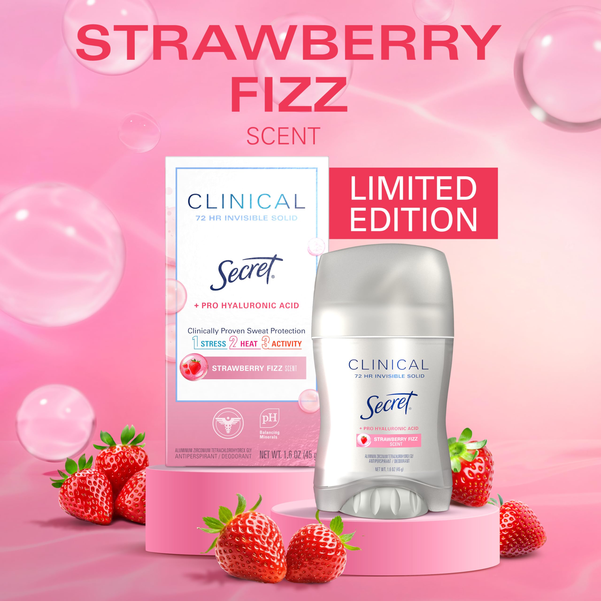 Secret Clinical Strength Antiperspirant Deodorant for Women, 3X Stress Protection, 72hr Sweat & Odor Protection, Pro-Hyaluronic Acid, Invisible Solid, Strawberry Summer Fizz Scent, 1.6 oz