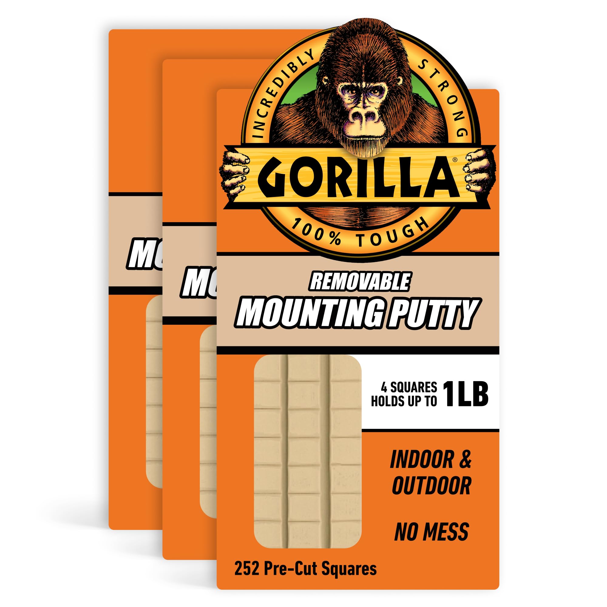 Gorilla Montagekitt, Naturbeige, 84 vorgestanzte Quadrate (3er-Pack) – Ungiftiger, entfernbarer & repositionierbarer Wandkitt