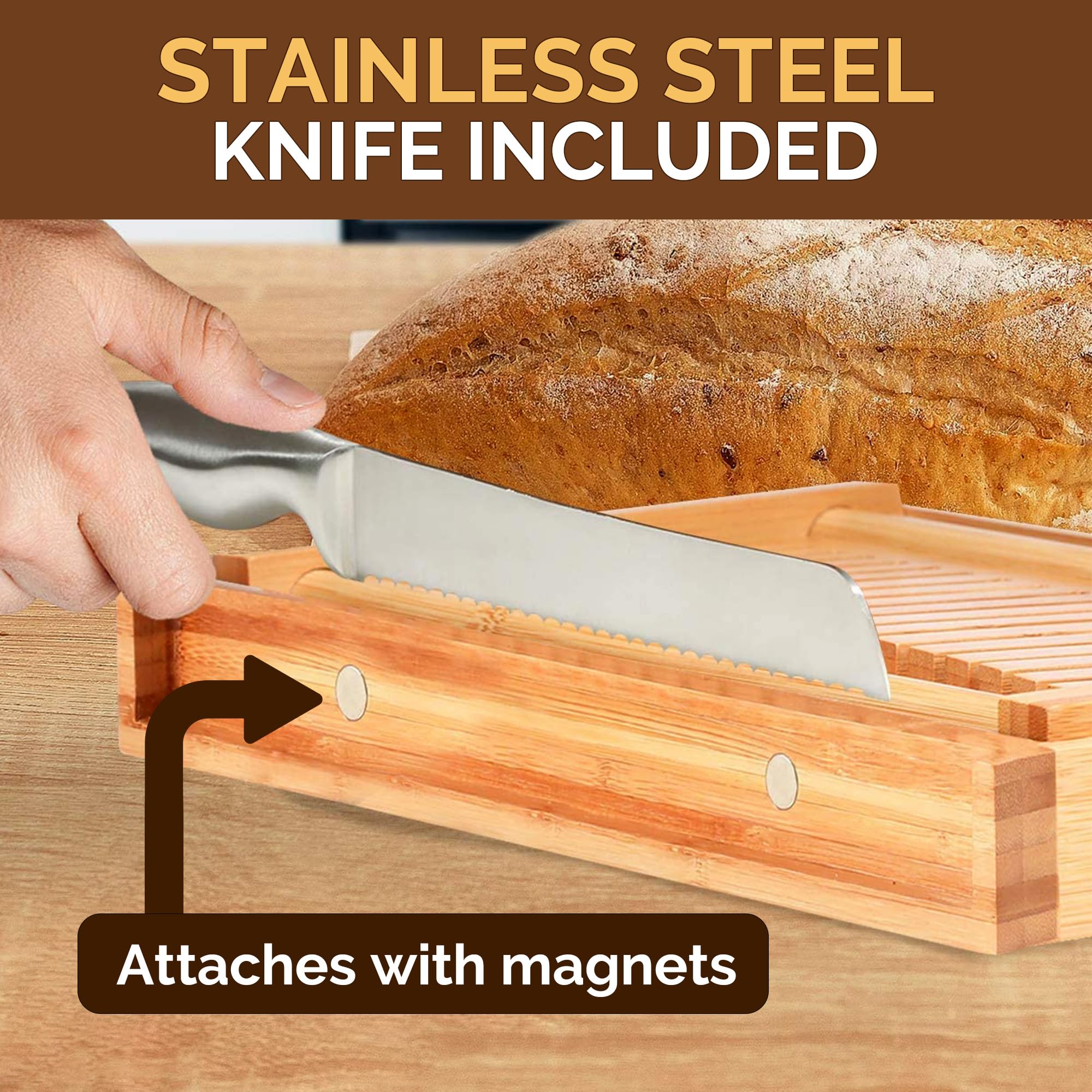 BAMBUSI Bread Slicer for Homemade Bread - Bamboo Bread Cutter with Knife, Foldable Slicing Guide, Crumb Tray - Compact Bread Loaf Slicer for Cakes, Bagels, Loaves - Kitchen Gadget, Baking Tool & Gift