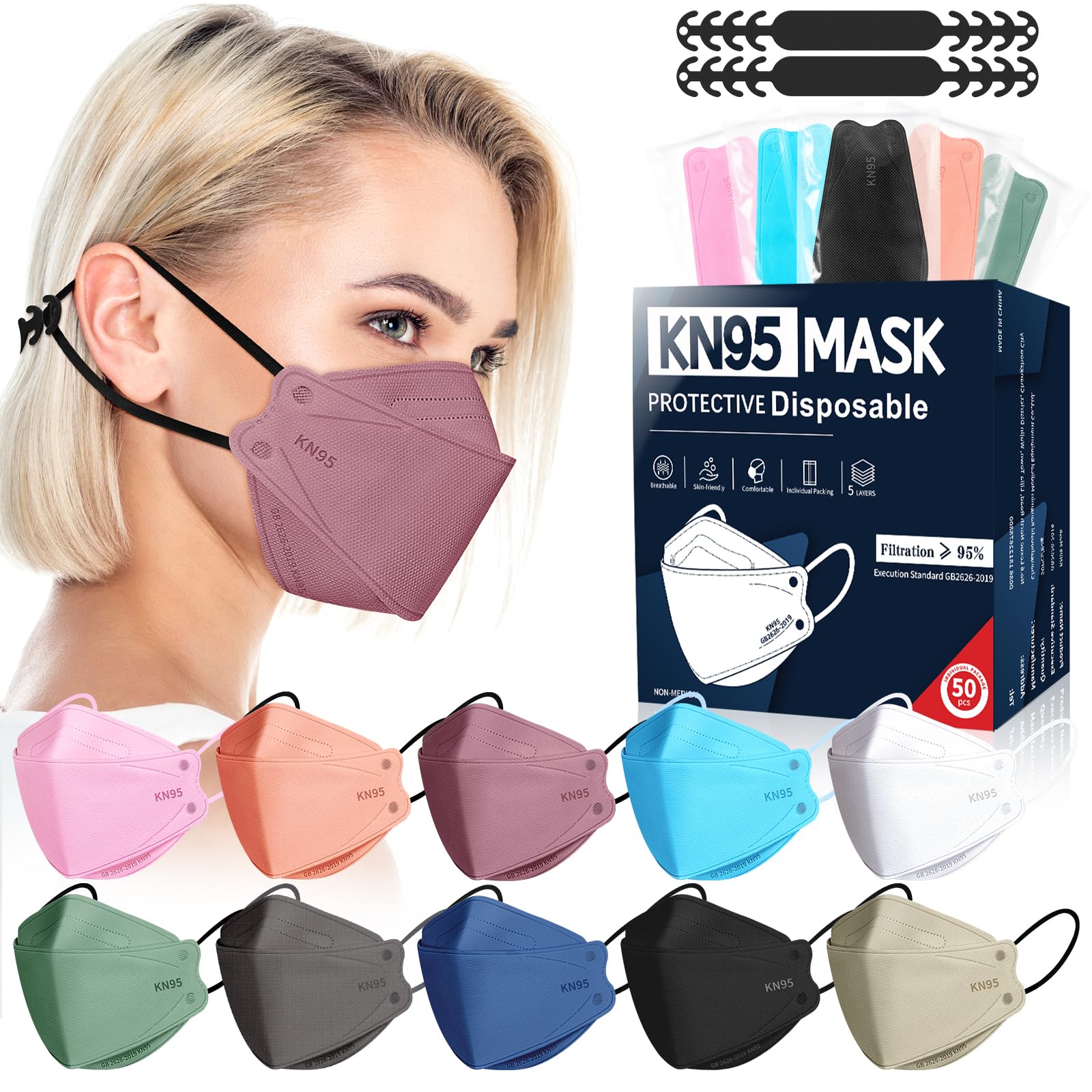 FENFEN KN95 Gesichtsmasken Einweg Erwachsene - 50 Stück 5-lagiger Schutz Staubdicht Atmungsaktiv Bequem Atemschutzmaske Damen KN95 Maske einzeln verpackt