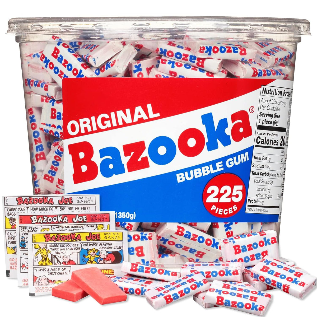 Bazooka Kaugummi Großpackung, 225 Stück Kaugummi einzeln verpackt, Altmodische 90er-Jahre Süßigkeit für Baseball, Partygeschenke, Mitgebseltüten