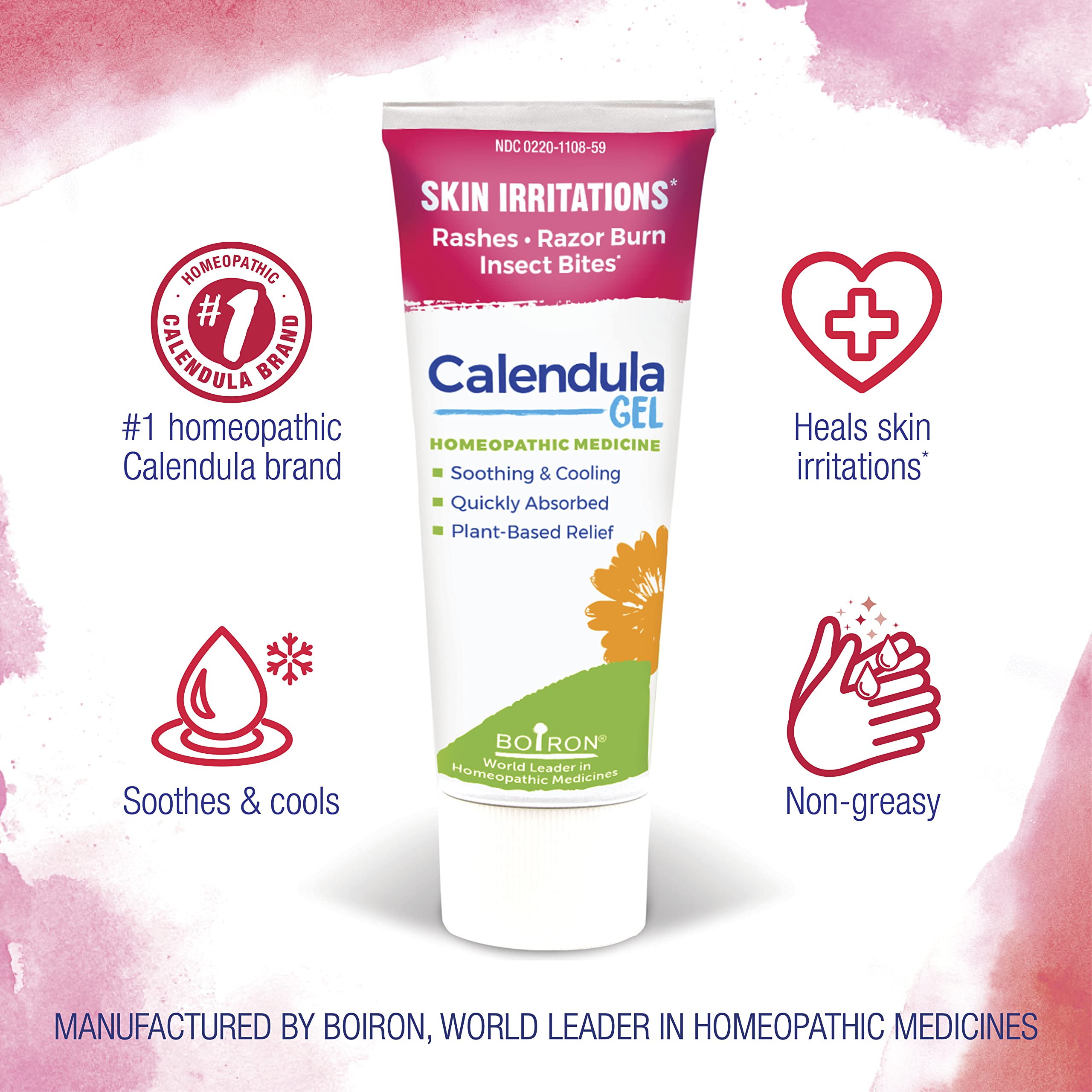 Boiron Calendula Gel Relief from Rashes, Skin Irritations, Razor Burn, or Insect Bites - Non-Greasy and Fragrance-Free - 2.6oz