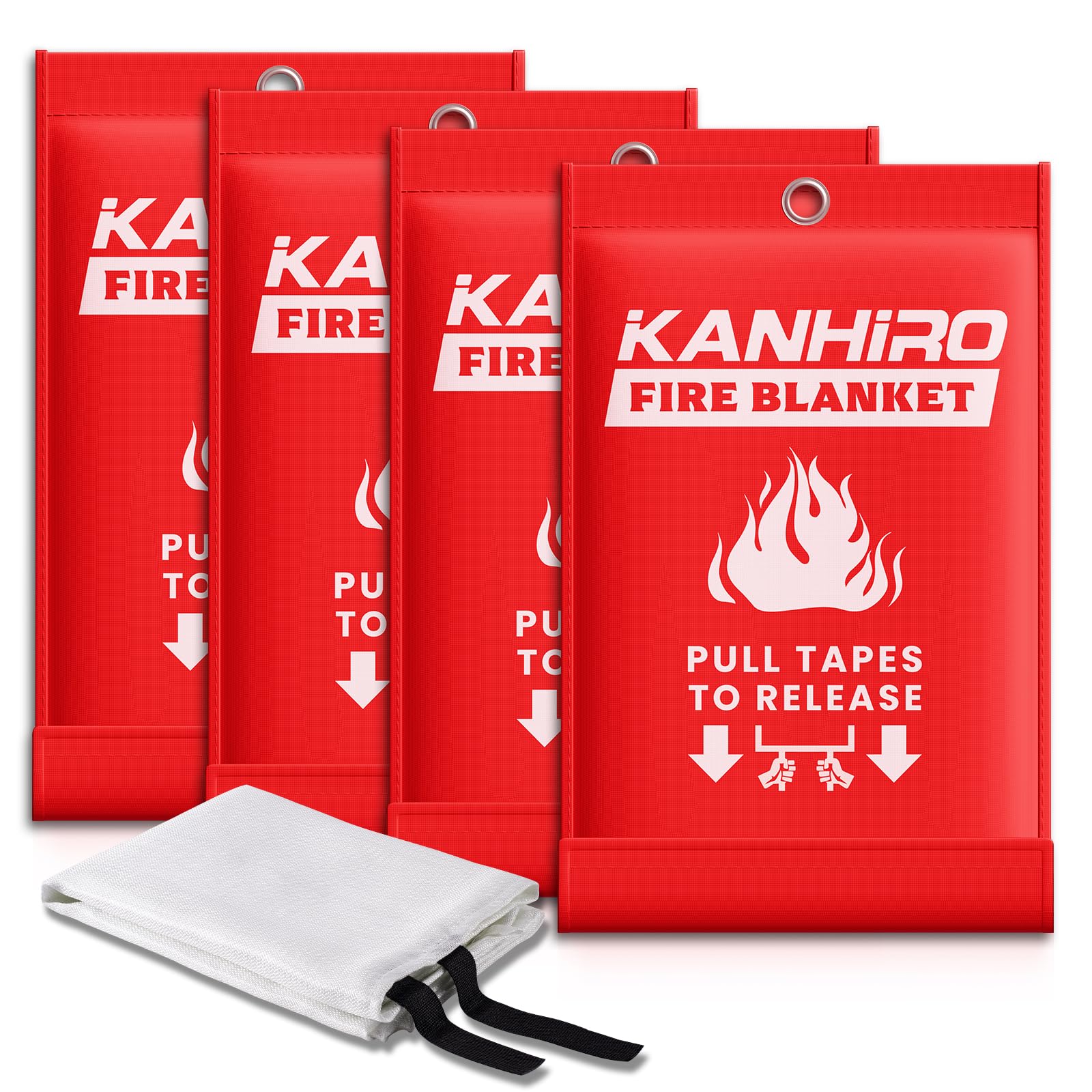 Notfall-Feuerlöschdecke für die Heimküche - KANHIRO Glasfaser-Feuerlöschdecke Ideal für Schule, Kamin, Grill, Auto, Büro, Lager (4er-Pack, 99 cm x 99 cm)