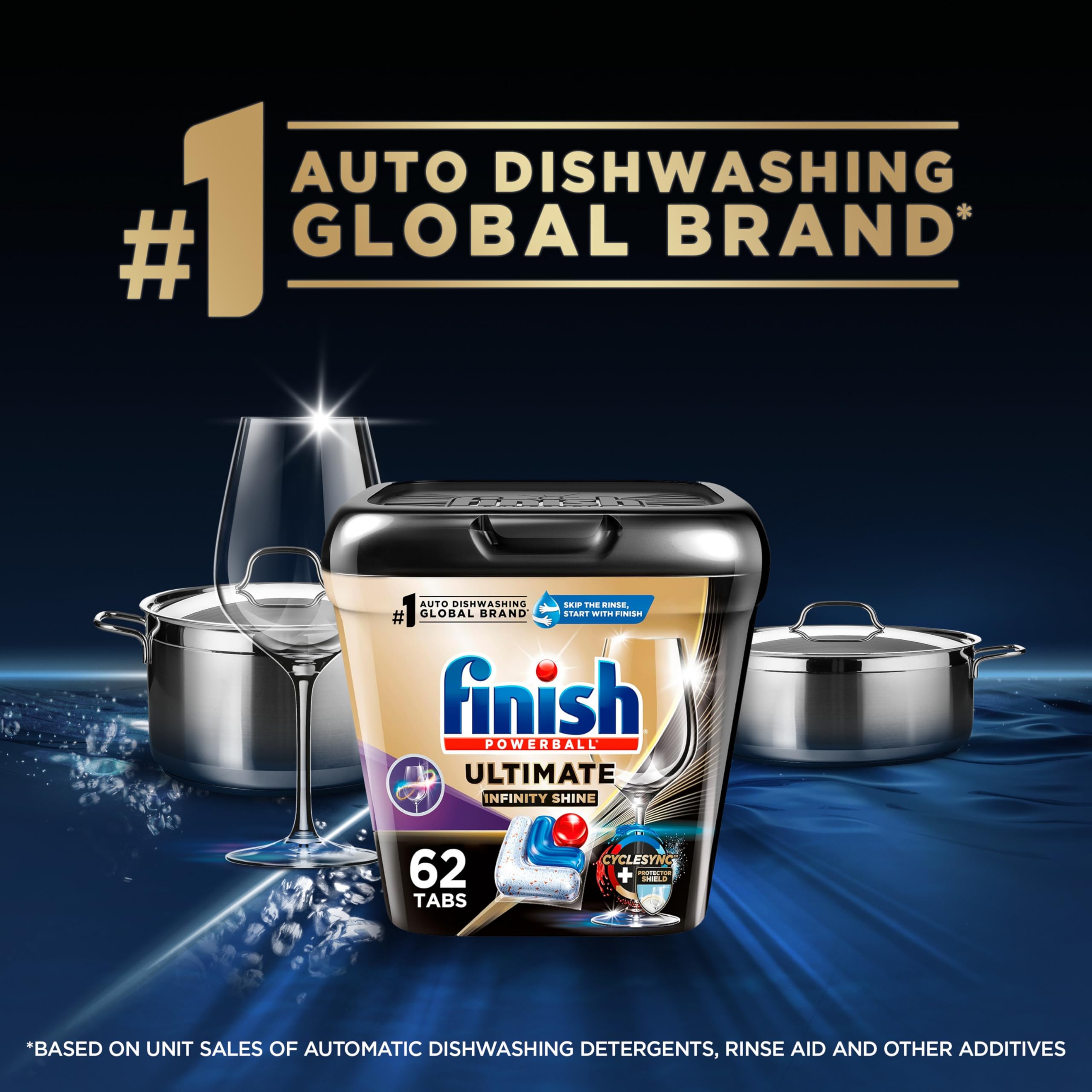 Finish Ultimate Infinity Shine Dishwasher Pods, No Pre-Rinse Dishwasher Detergent Soap Removes Burnt-On Stain, with Protector Shield & CycleSync Technology, Degreasing & Scrubbing Power, 62 Count