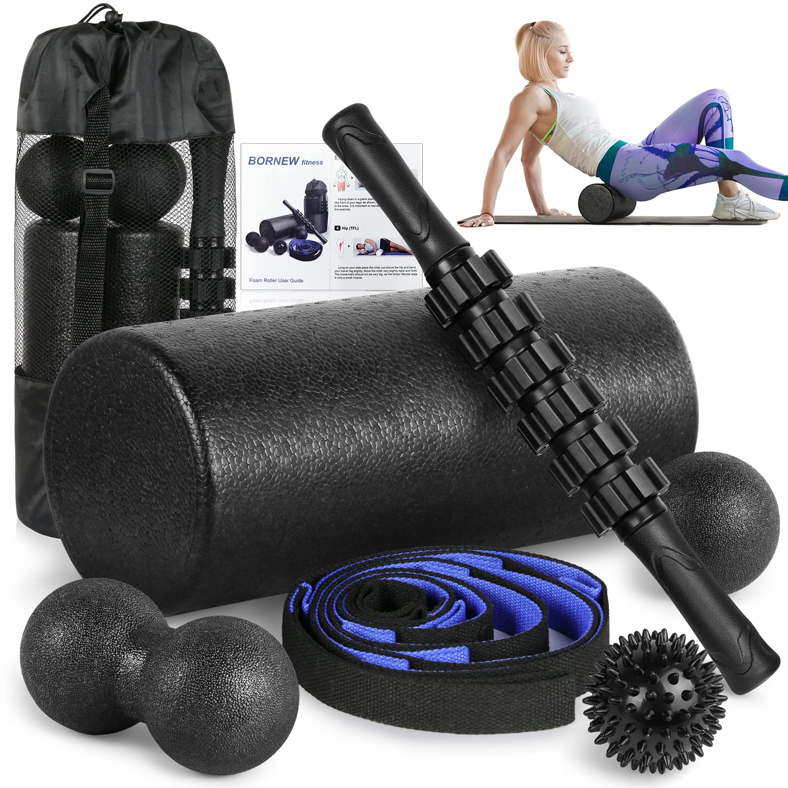 Faszienrollen-Set - High-Density-Rückenrolle, Muskelroller-Stick, 2 Fuß-Fasziitis-Bälle, Dehnband, Massageball für Ganzkörper-Physiotherapie & Übungen, Yoga, Rückenschmerzen, Beine, Tiefengewebe