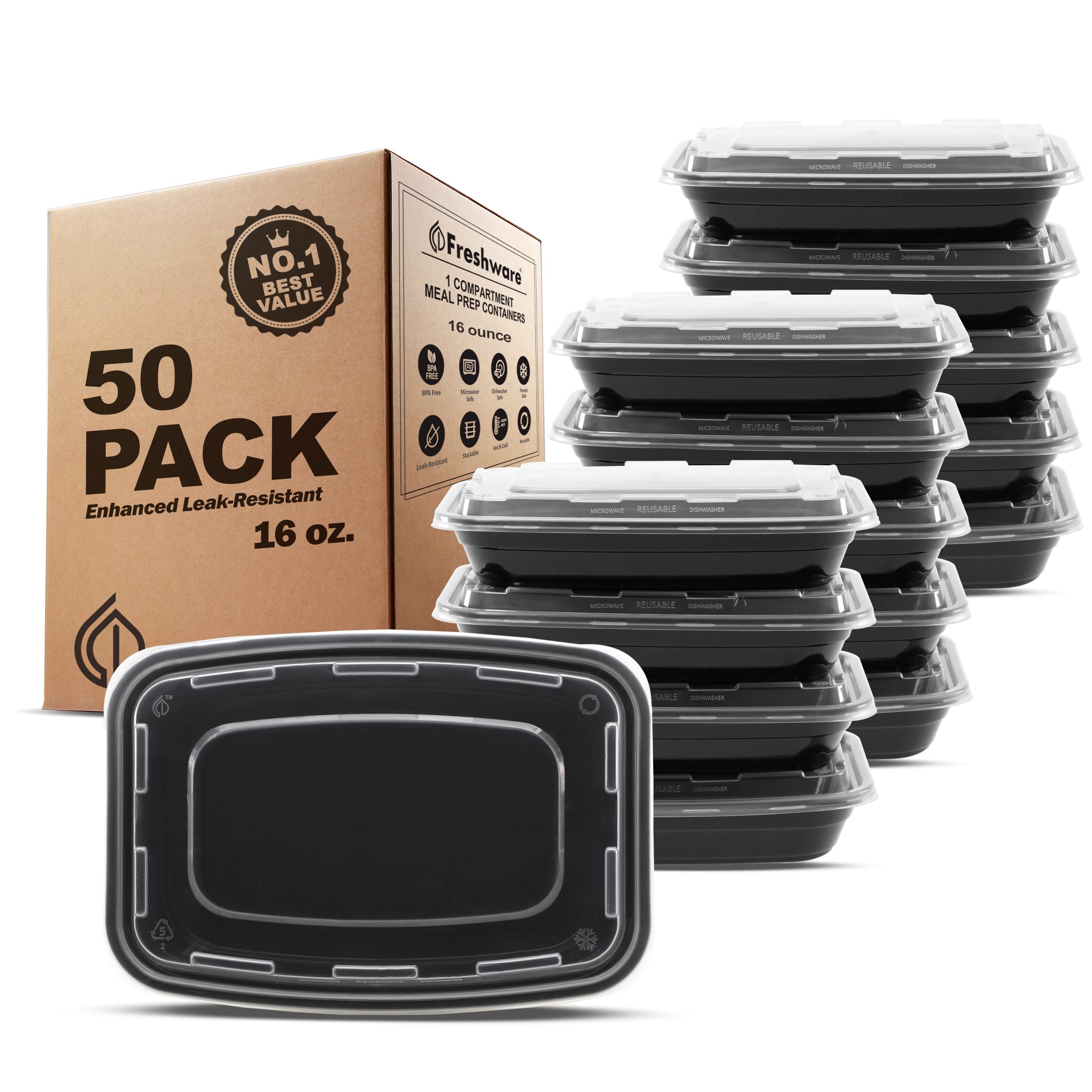 Freshware Meal Prep Behälter [50 Stück] 1-Fach Essensbehälter mit Deckel, Bento Box, BPA-frei, stapelbar, Mikrowellen-/Spülmaschinen-/Gefrierschrankgeeignet (473 ml)
