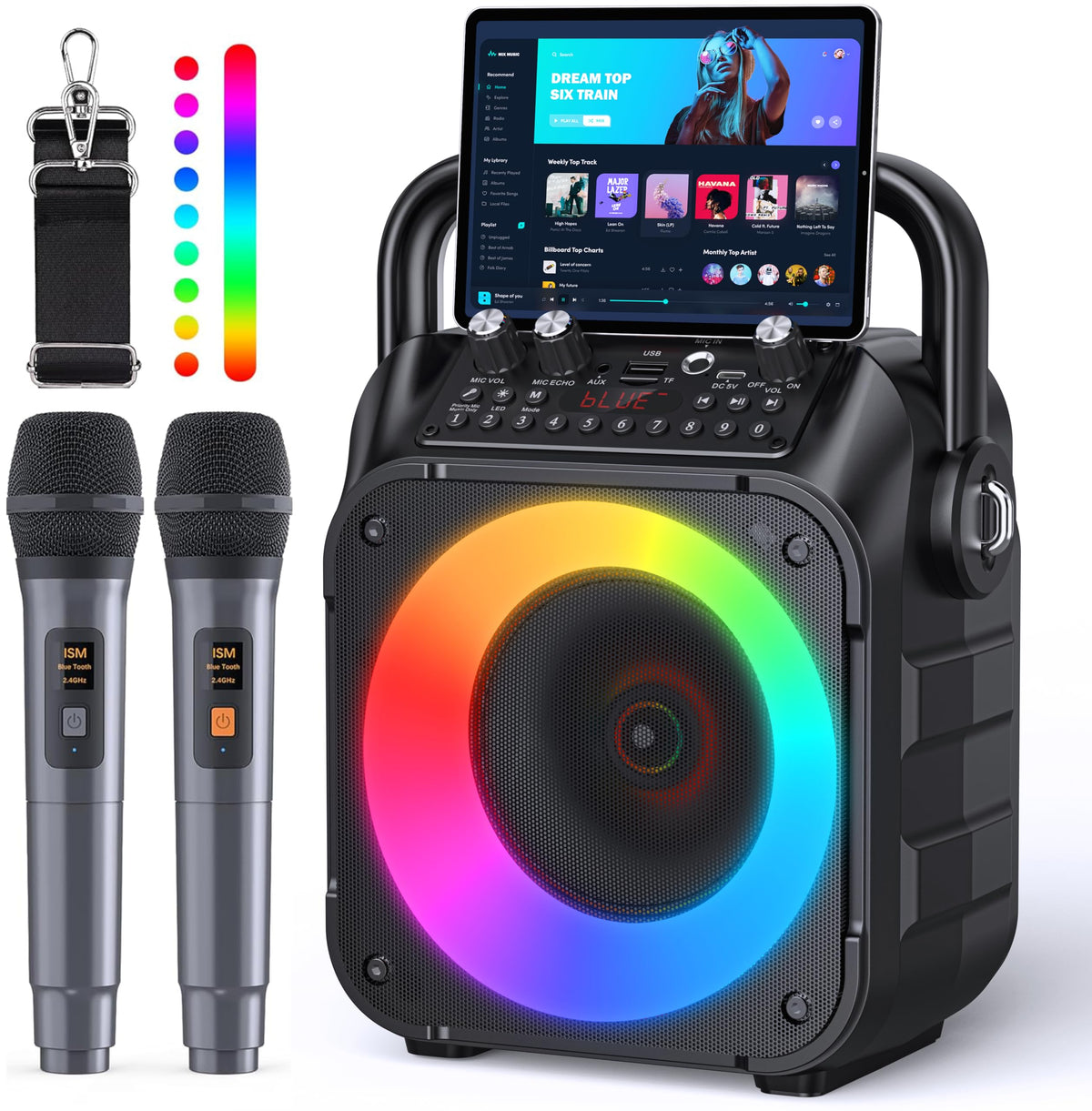 Karaoke-Maschine, tragbarer Bluetooth-Lautsprecher mit 2 kabellosen Mikrofonen für Erwachsene & Kinder mit Lichtern, Karaoke-Mikrofon mit PA-System unterstützt USB/TF/REC/FM/AUX für Heimpartys Heim-System-Pakete