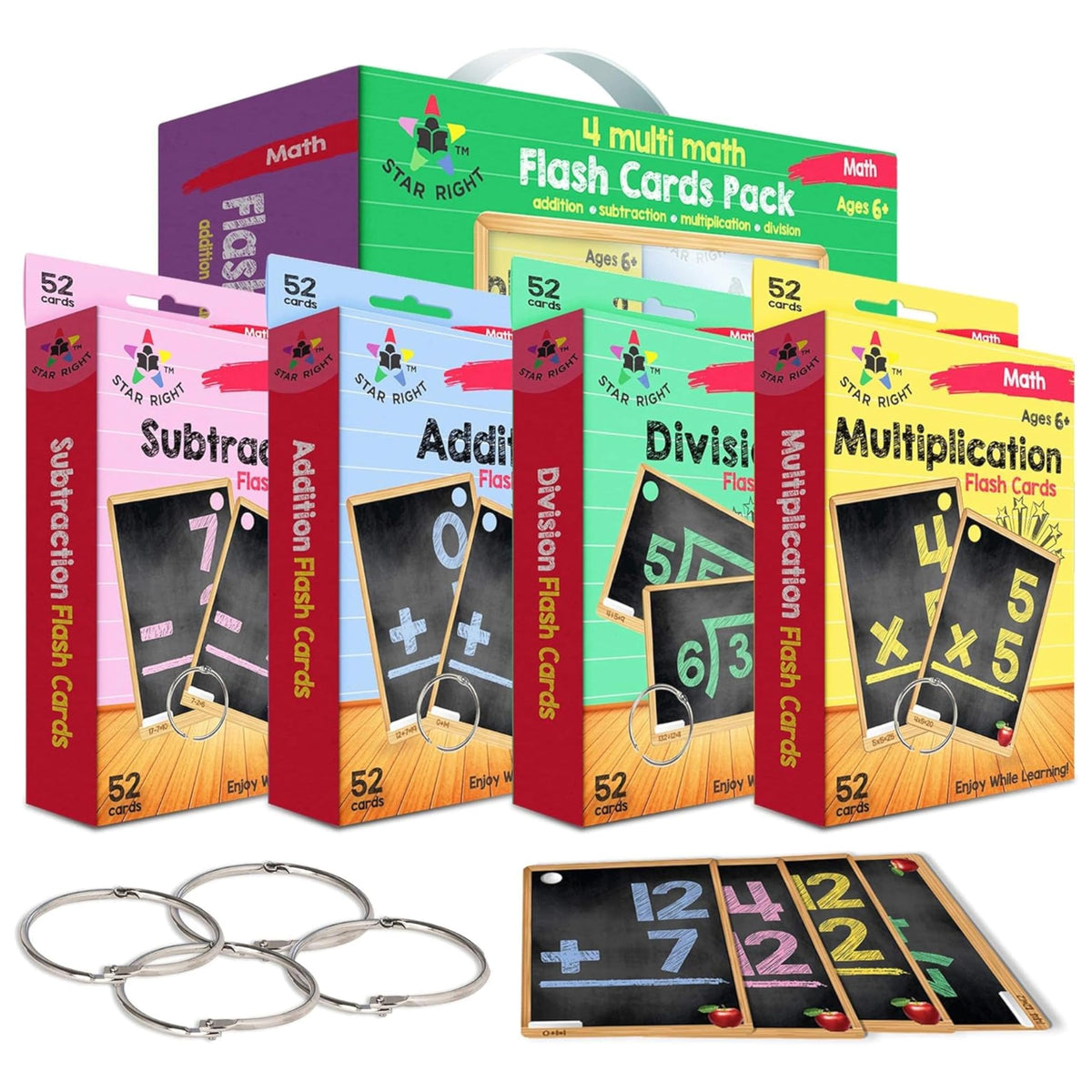 Star Right Mathe-Lernkarten-Set mit 4 – Addition, Subtraktion, Multiplikation, Division mit 4 Ringen – 208 Karten für Kinder ab 6 Jahren – Lernkarten für die 1. bis 4. Klasse