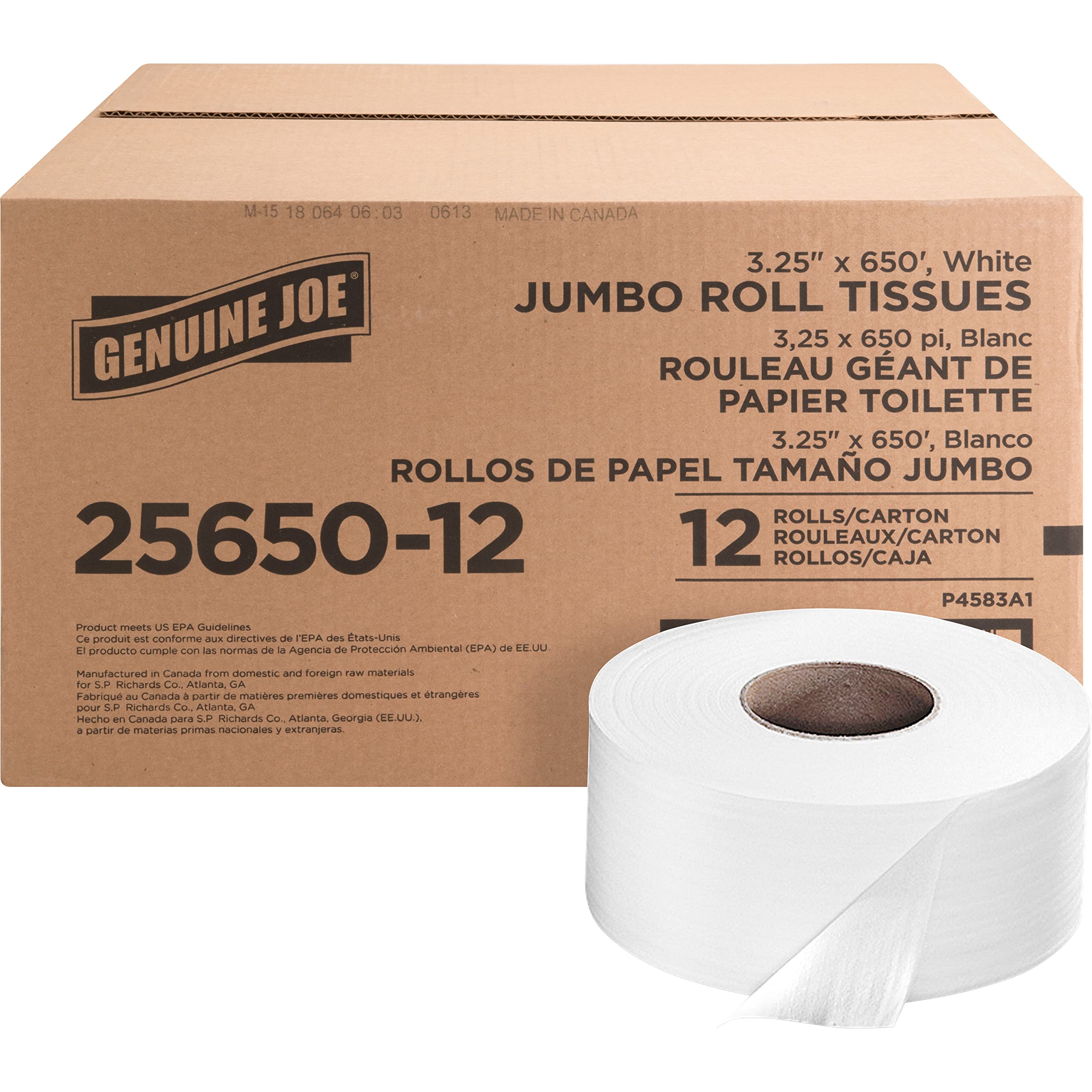 Genuine Joe Jumbo Roll Toilettenpapier – 2-lagig, weiß, 8,4 cm x 198 m pro Rolle, 12er-Pack Großpackung, Recyclingfasern, gewerbliche Qualität für Spender