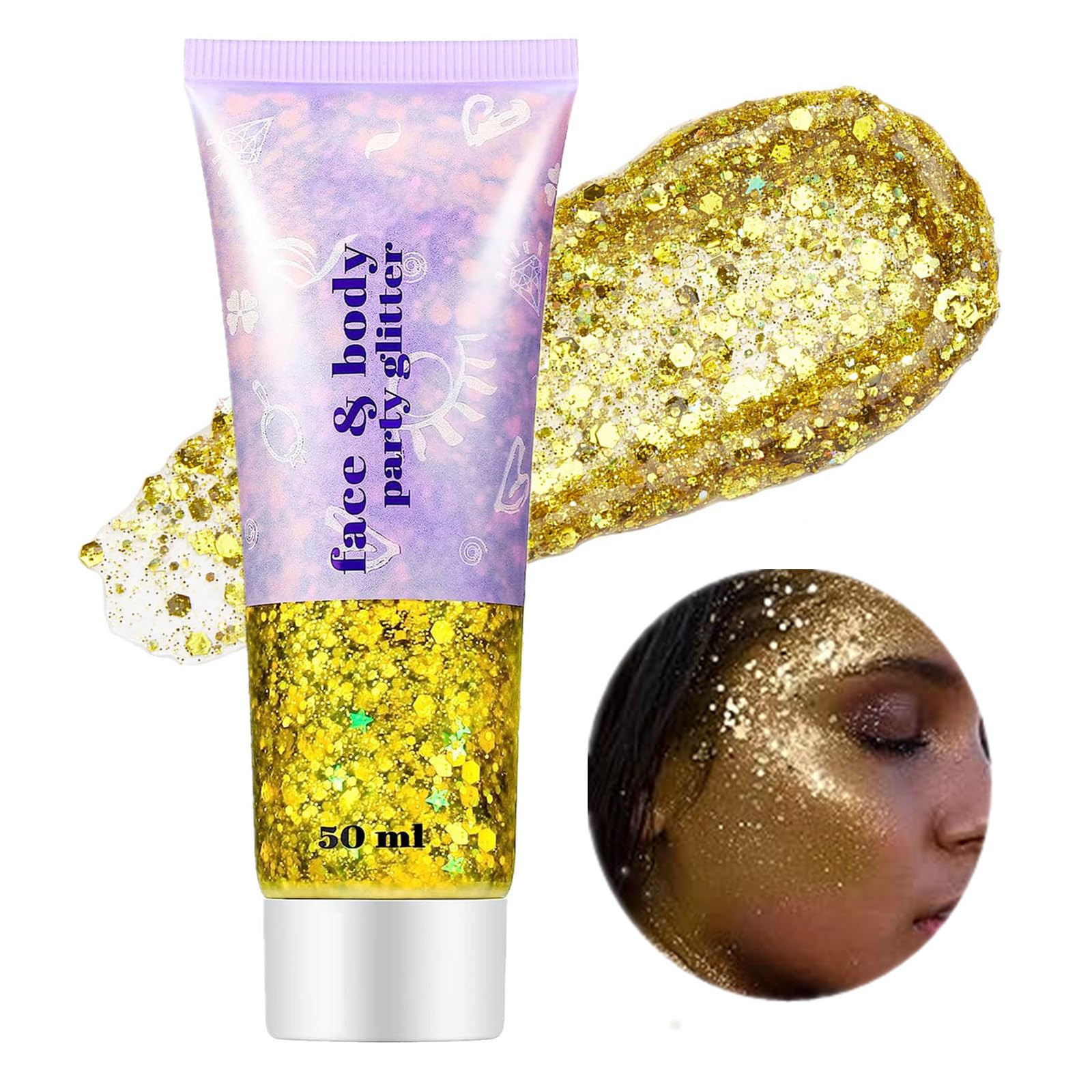 Go Ho Gold Gesichts- und Körperglitzer, Karneval Glitzer-Make-up Gold Gesichtsfarbe, holografische klobige Pailletten Glitzer für Augen Lippen Haare Nägel, Festival Rave Accessoires, 52g