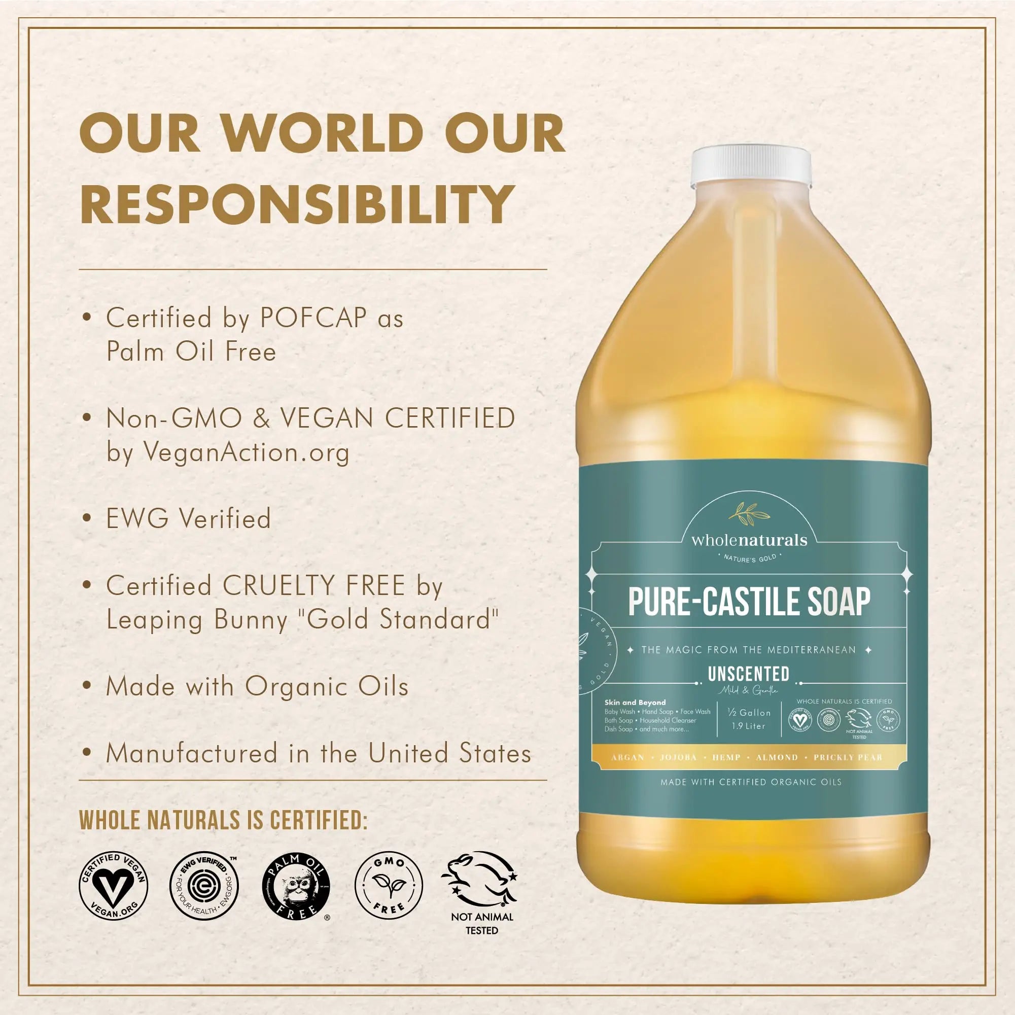 Pure Castile Soap Liquid, EWG Verified & Certified Palm Oil Free Unscented, Natural, Mild & Gentle Non-gmo & Vegan - Organic Body Wash, Laundry, Pet/Dog and Baby Soap - 64 Fl Oz