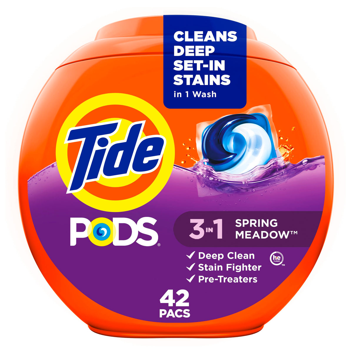 Tide PODS Laundry Detergent Pacs, 3-in-1 Stain Remover, Odor Fighter, Color Protector, 42 Count, HE compatible, Spring Meadow Scent (Packaging May Vary)