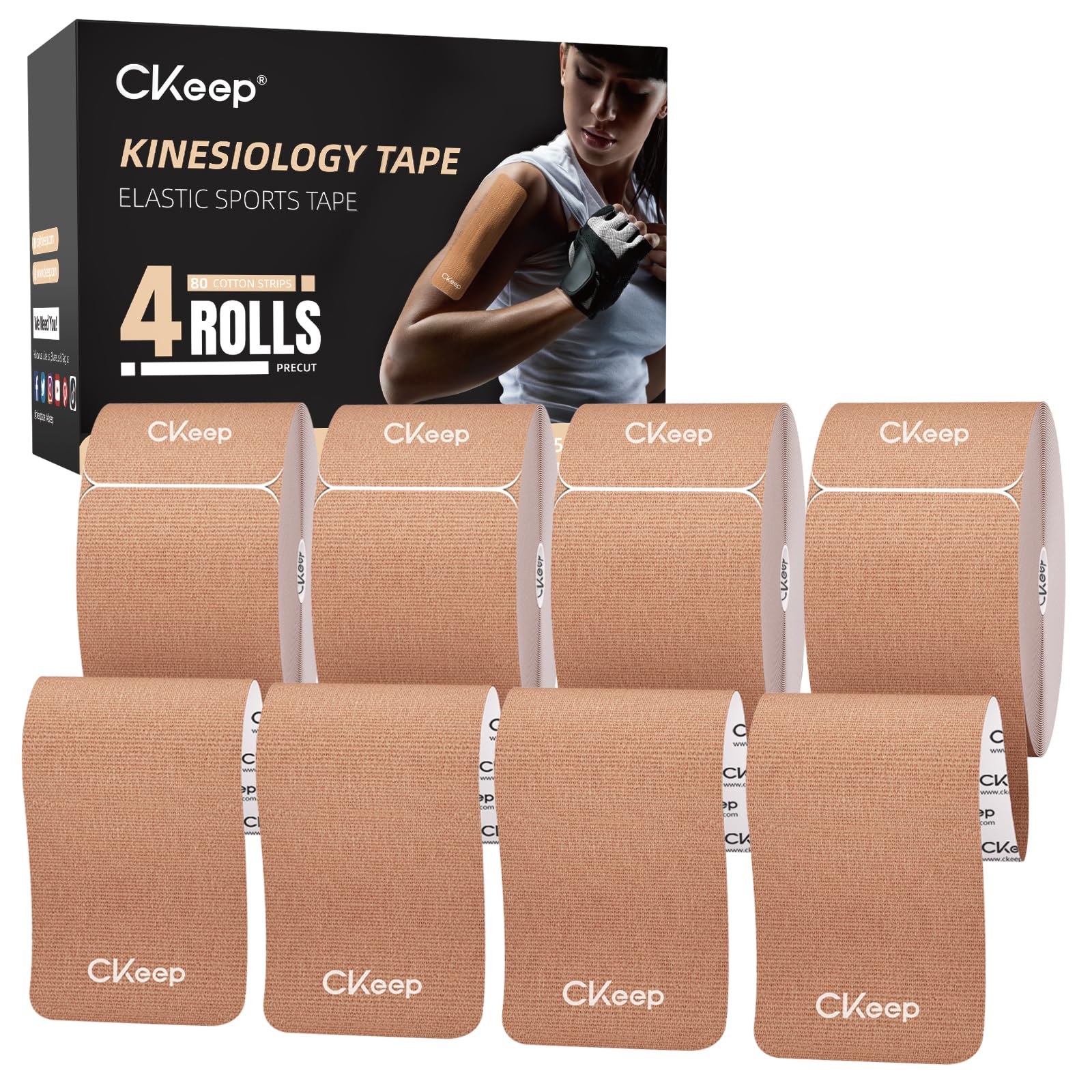 CKeep 4 Rolls Kinesiology Tape, Original Cotton Elastic Athletic Tape, 20 Precut 10" Strips Each, Beige, Ideal for Muscle Support & Injury Prevention