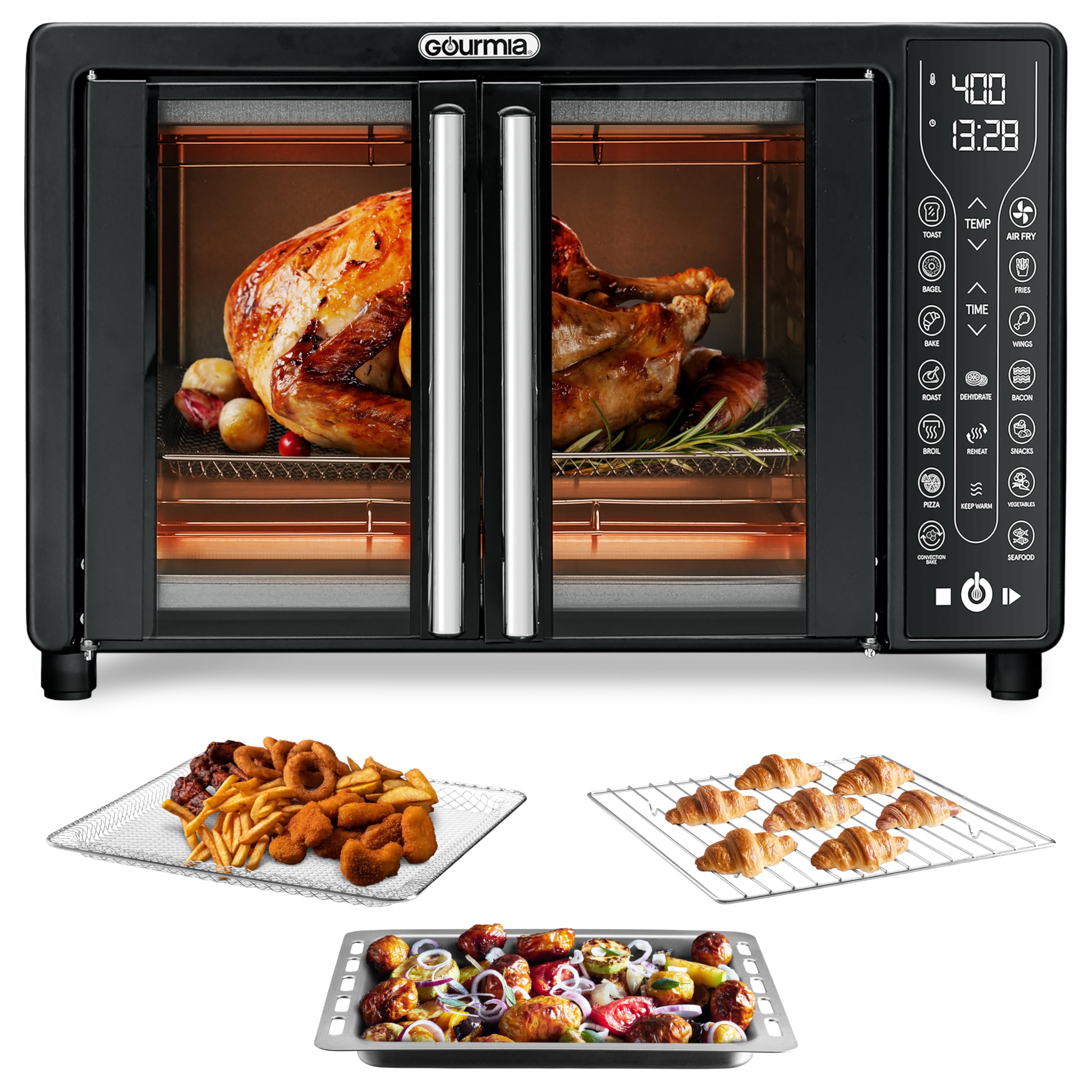 Gourmia Toaster Oven Heißluftfritteusen-Kombination 17 Kochprogramme 1700W Doppeltür-Digital-Heißluftfritteusen-Ofen 24L Fassungsvermögen Zubehör, Konvektionsrost, Backblech Rezeptbuch GTF7460, Groß, Schwarz
