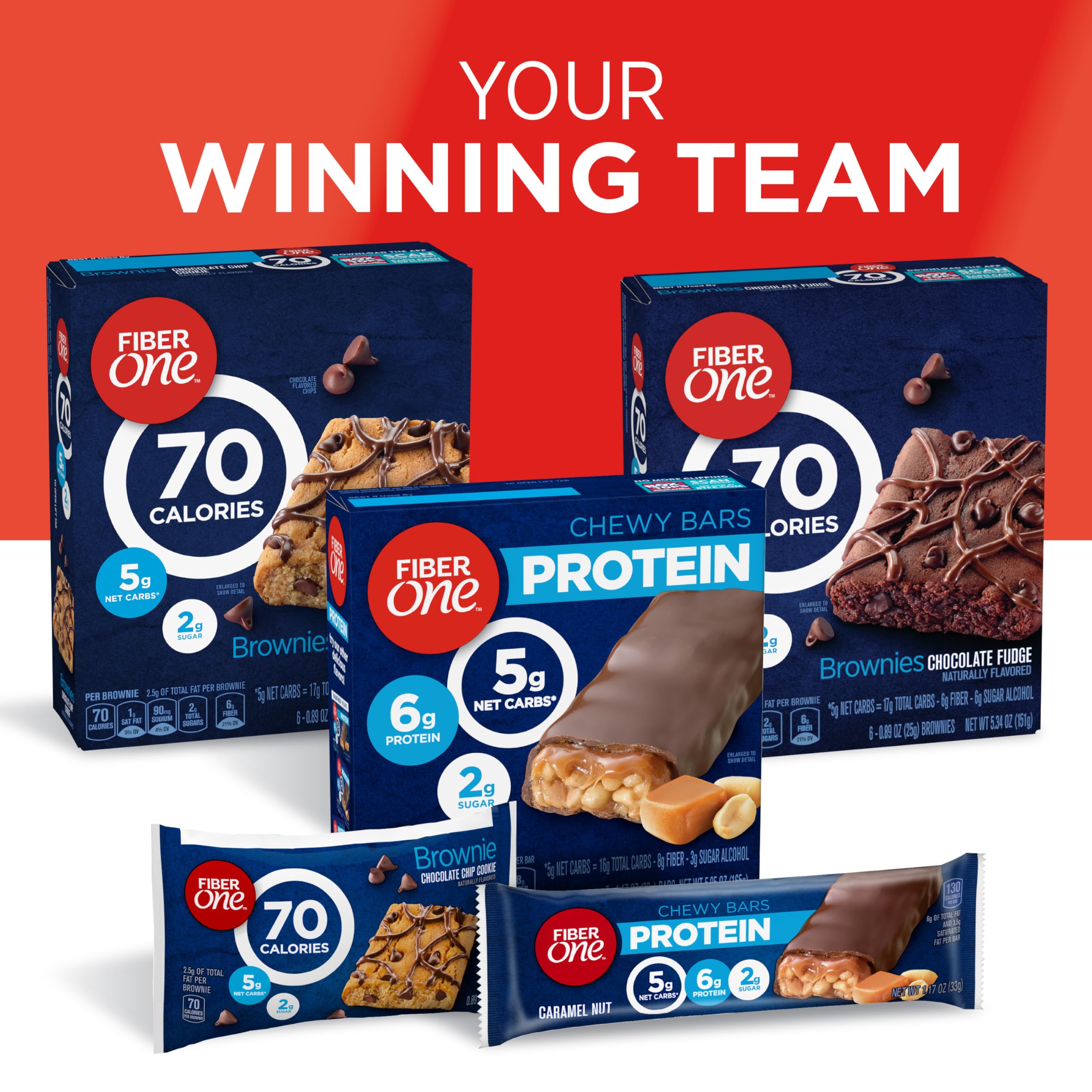 Fiber One 70 Calorie Brownies, Chocolate Chip Cookie Snack Bars, 2g Sugar, Value Pack, 12 Ct, 10.6 oz