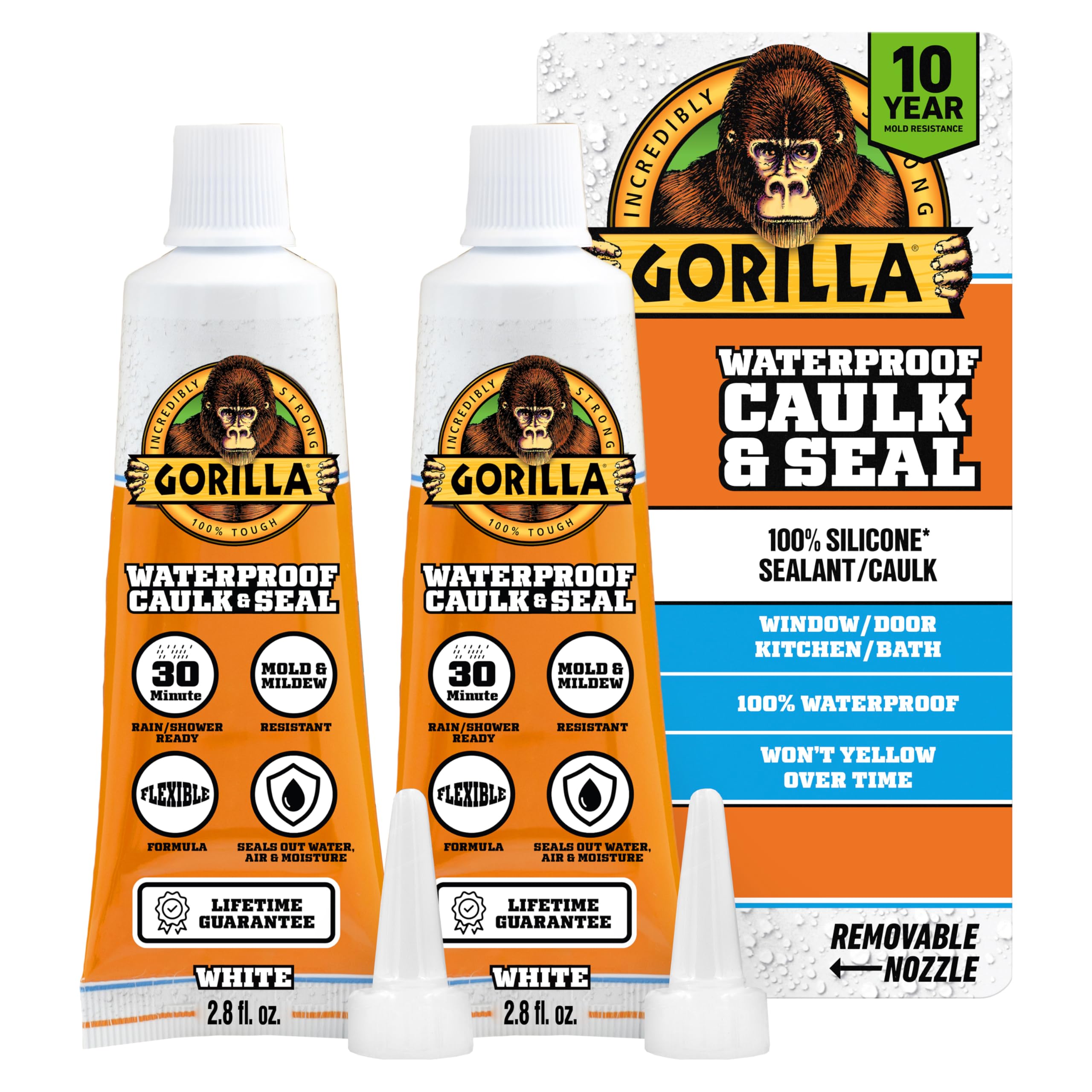 Gorilla 100% Silikon-Dichtstoff, wasserfestes Dichtmittel, 82ml Tube zum Ausdrücken (2er-Pack) - Weiß - 10 Jahre schimmelresistent für Küche, Fenster, Bad, Marine, Tür und mehr